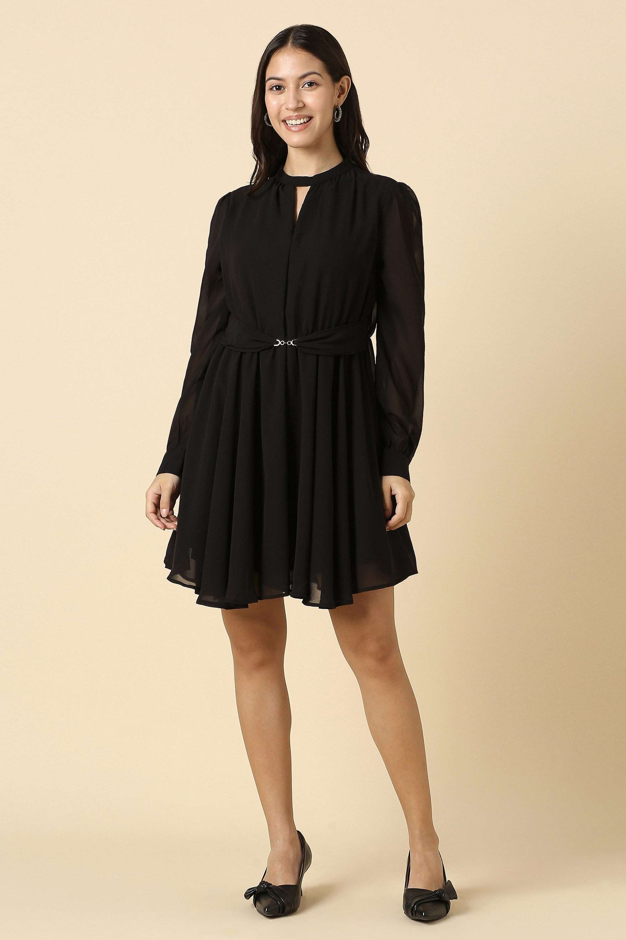 Solid-V-Neck-Polyester-Women-s-Dress