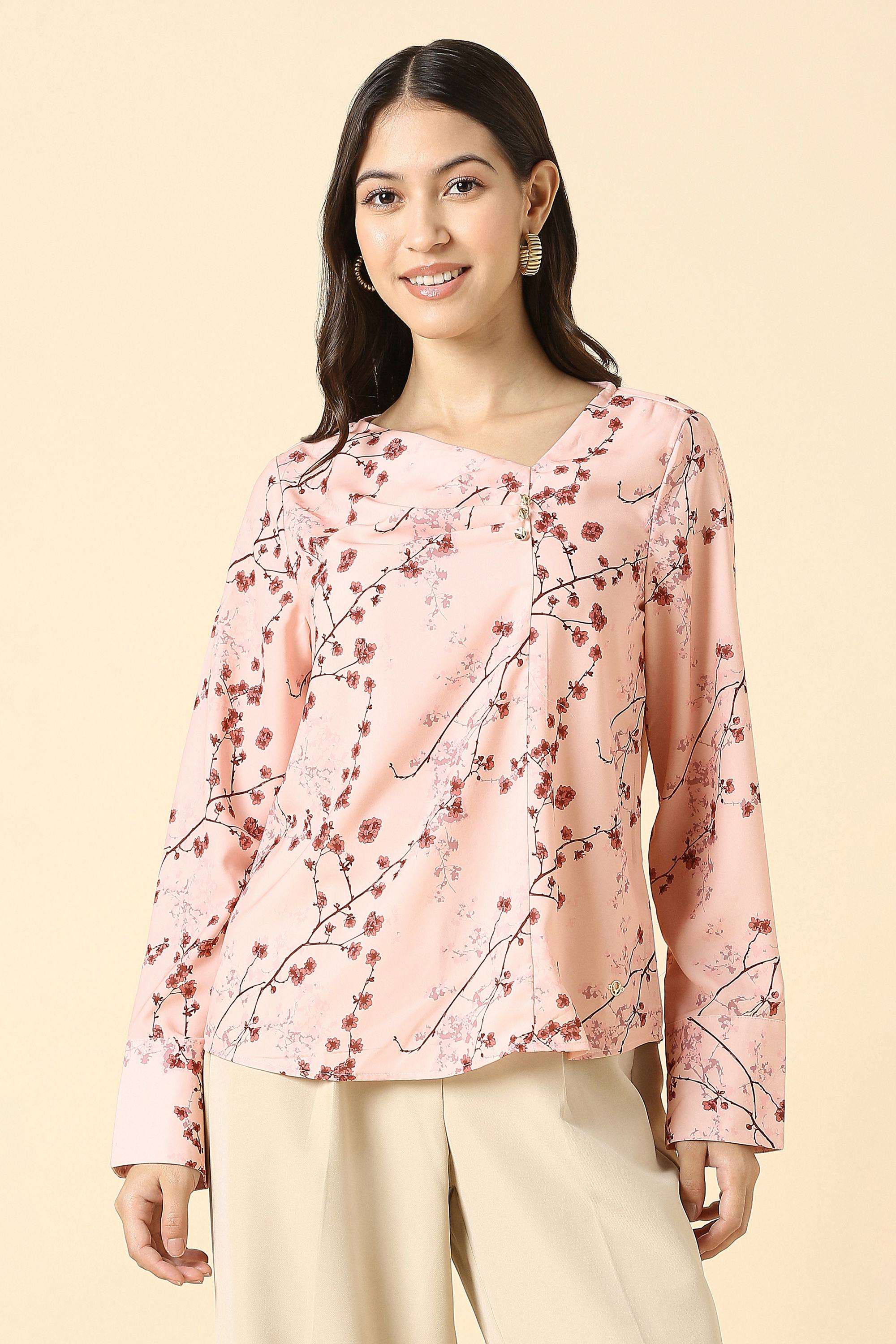 Printed-Polyester-V-Neck-Women-s-Top