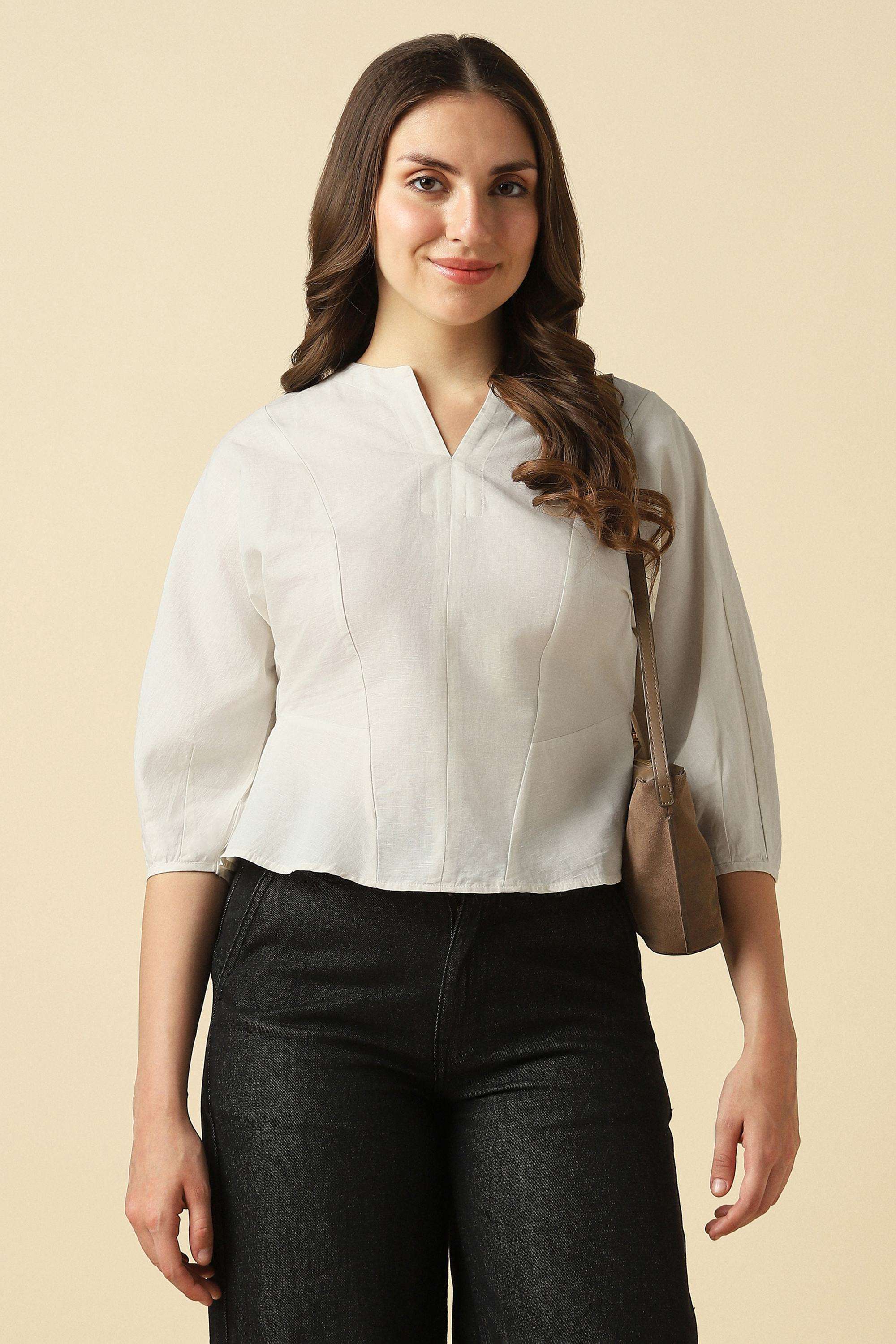 Solid-Linen-Blend-Round-Neck-Women-s-Top