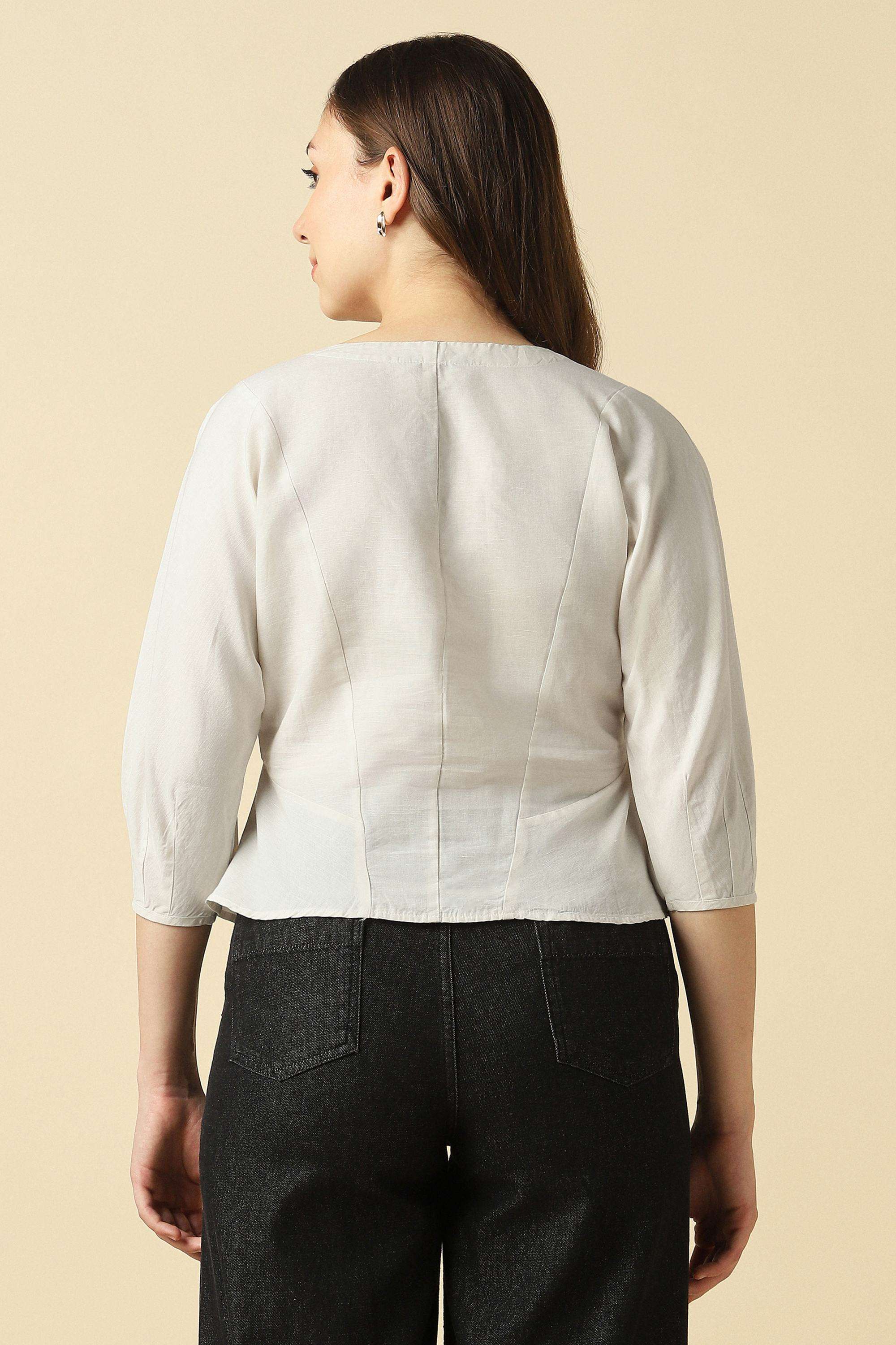 Solid-Linen-Blend-Round-Neck-Women-s-Top