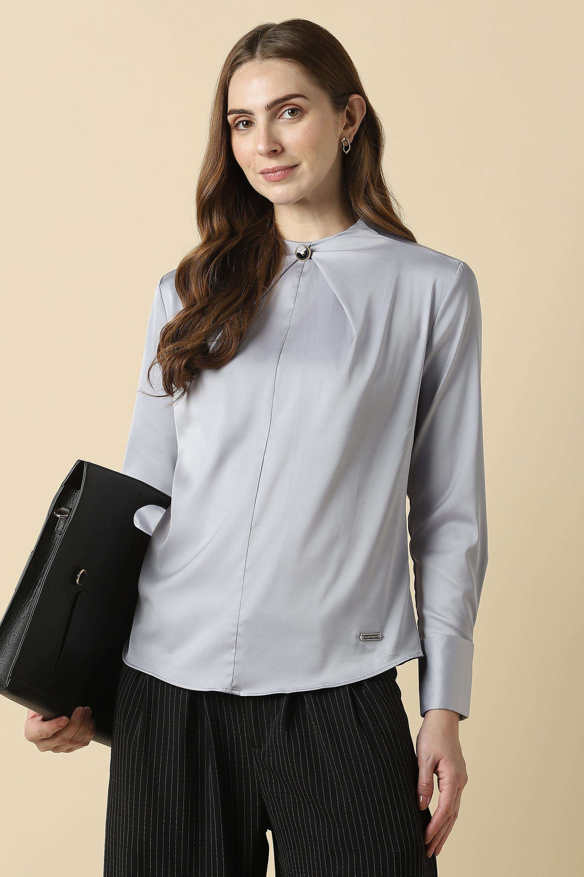 Solid-Polyester-High-Neck-Women-s-Top