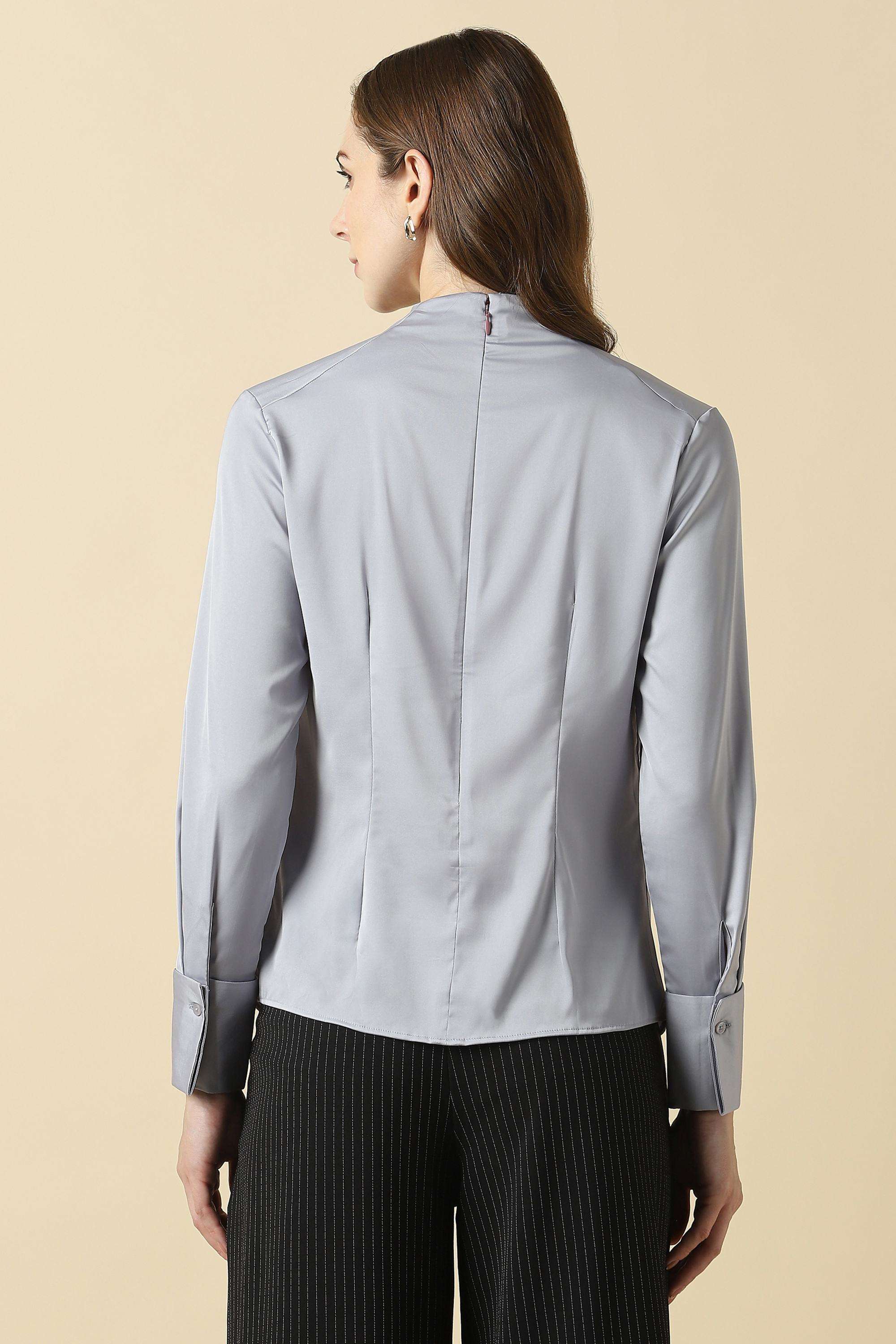Solid-Polyester-High-Neck-Women-s-Top