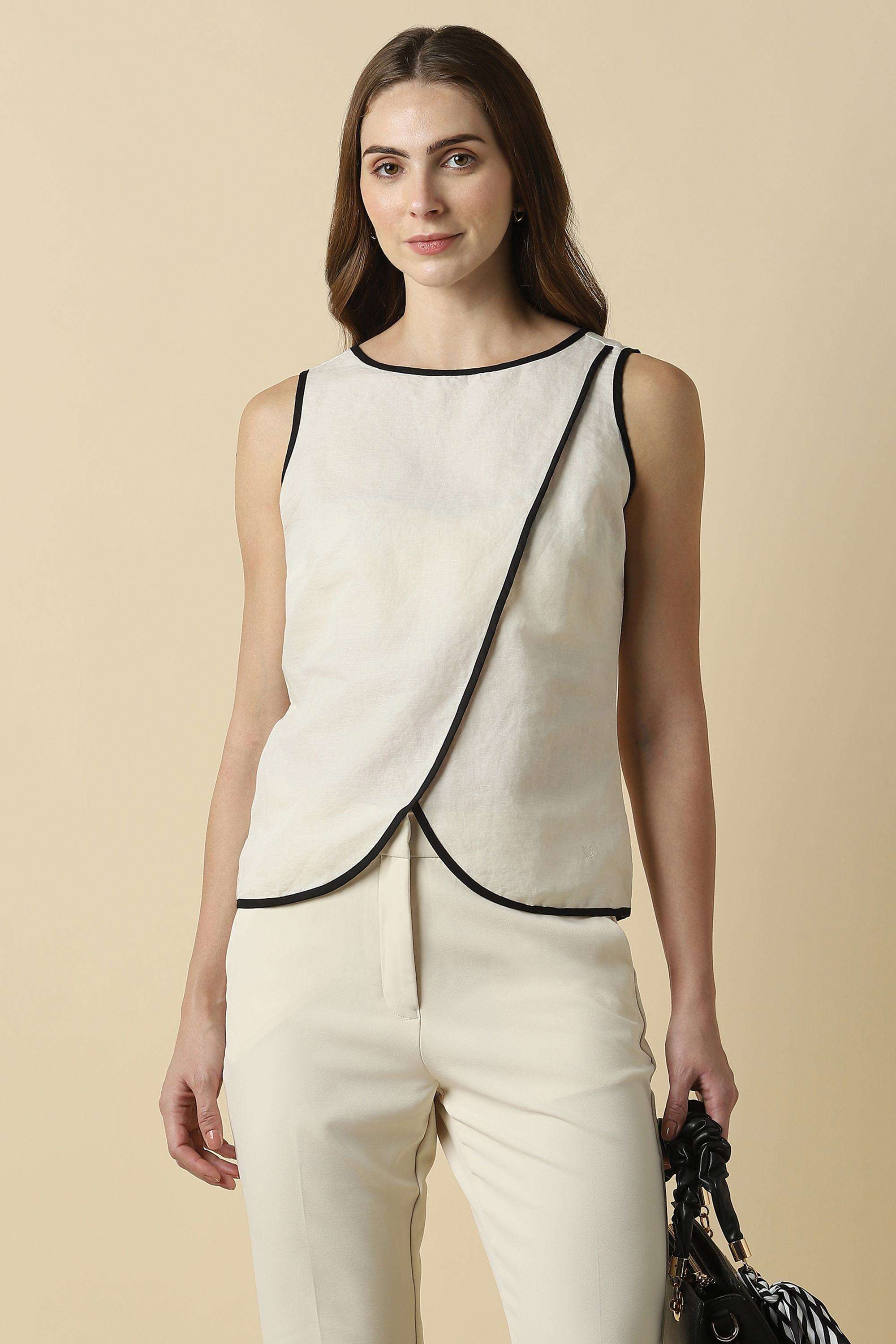 Solid-Linen-Blend-Round-Neck-Women-s-Top