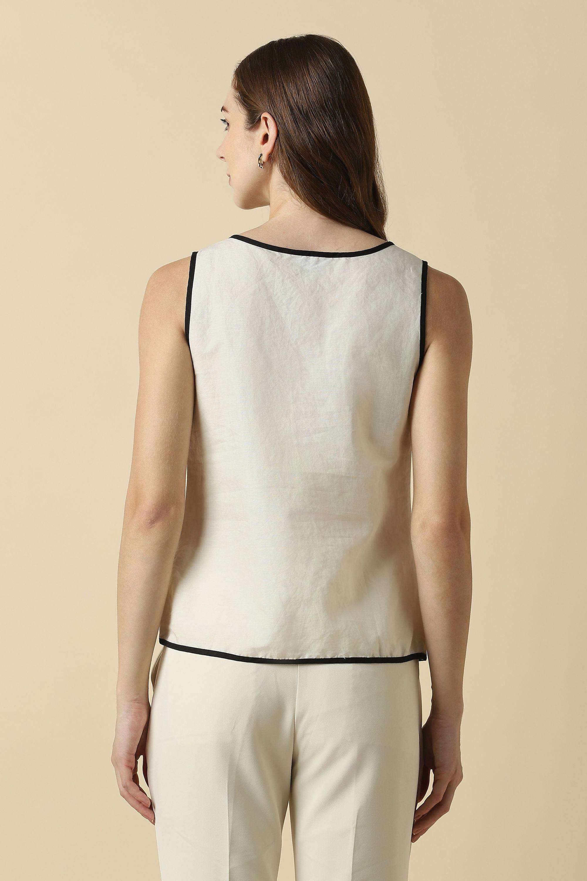 Solid-Linen-Blend-Round-Neck-Women-s-Top