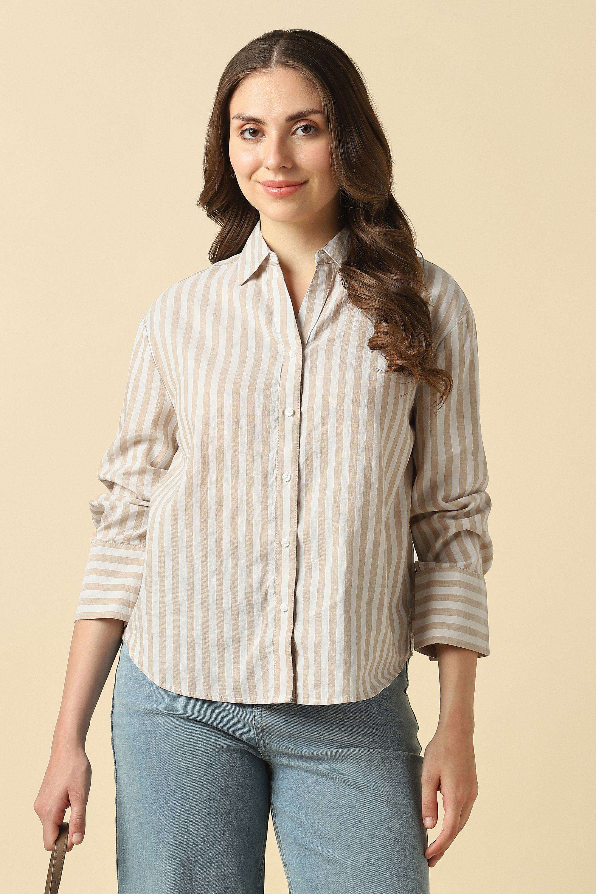 Stripes-Linen-Blend-Round-Neck-Women-s-Shirt