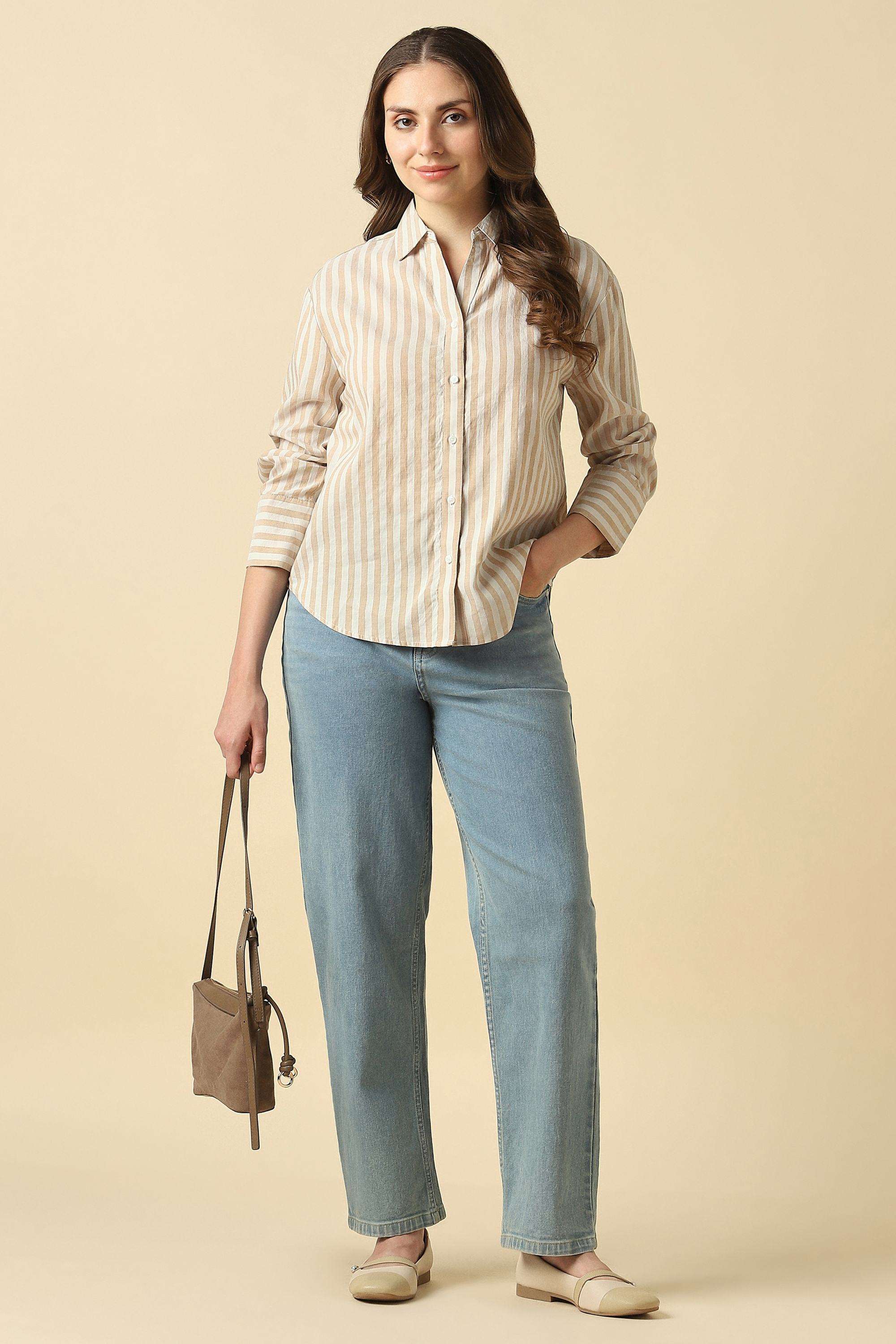 Buy Allen Solly Multicolor Stripes Linen Blend Round Neck Women's