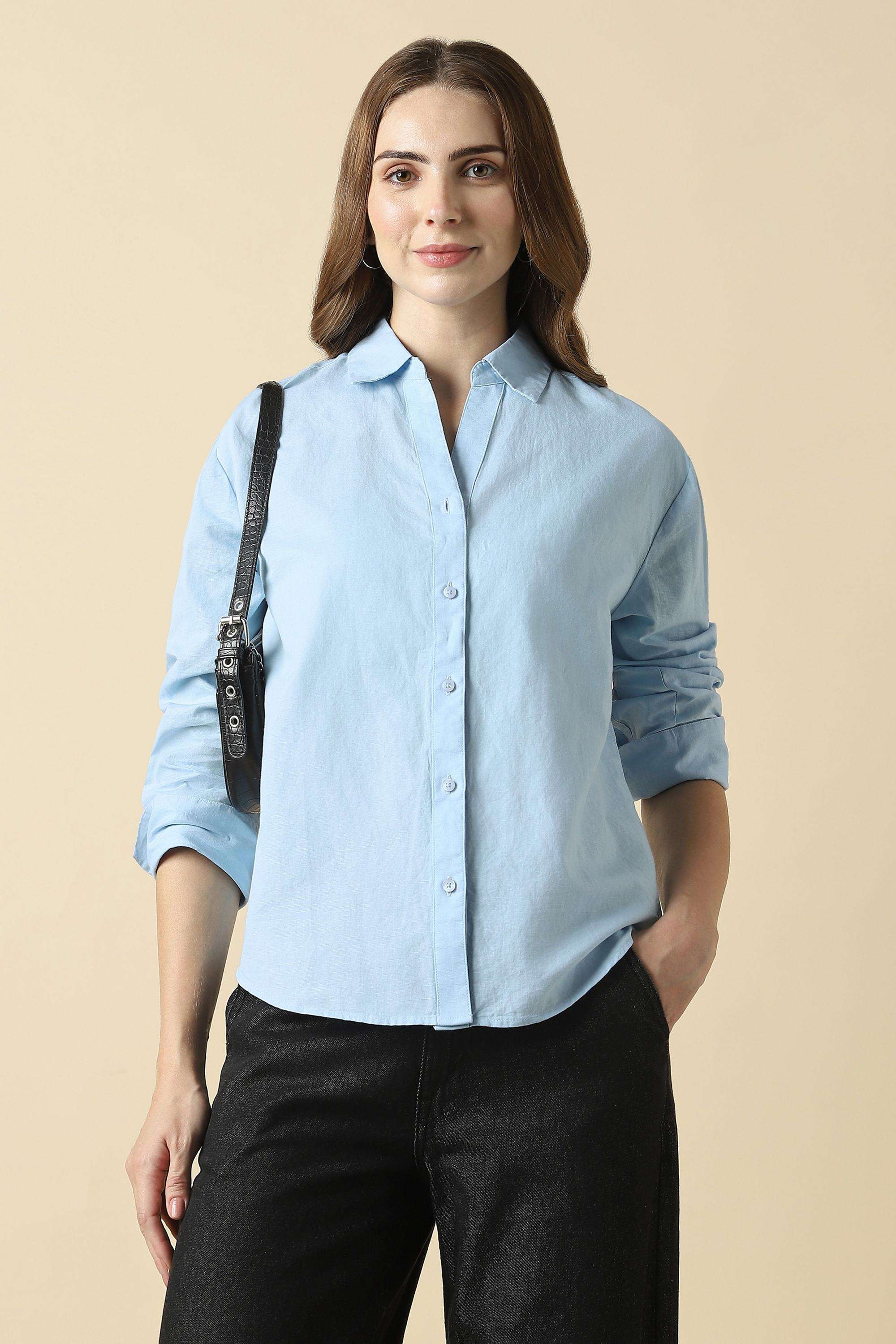 Solid-Cotton-Round-Neck-Women-s-Shirt