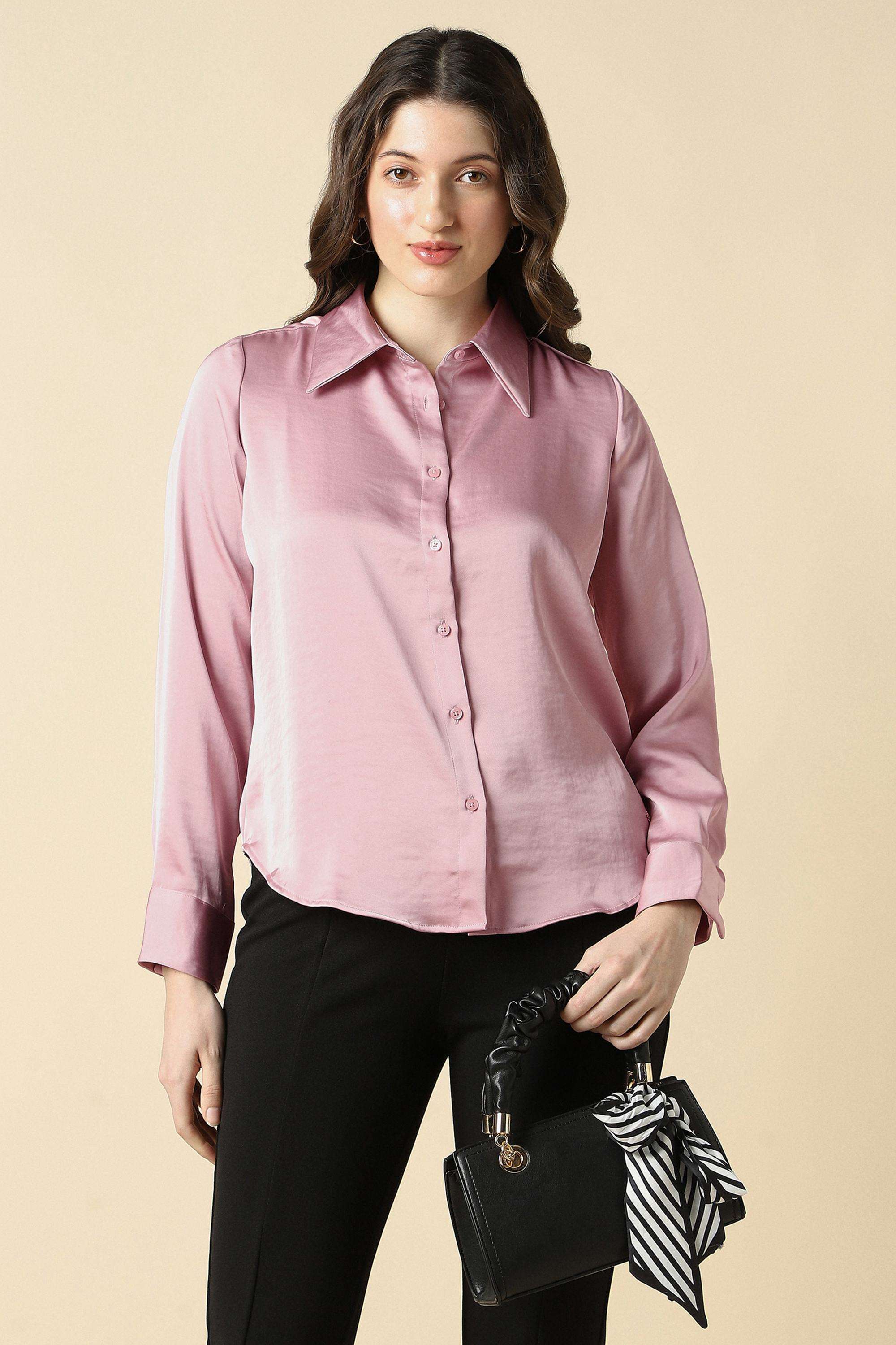 Solid-Polyester-V-Neck-Women-s-Shirt