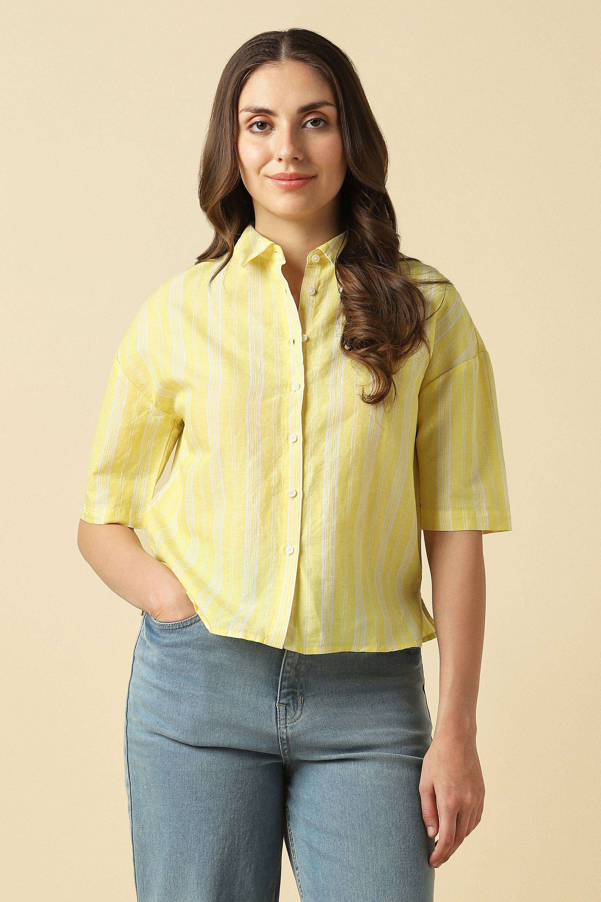 Stripes-Linen-Blend-Round-Neck-Women-s-Shirt