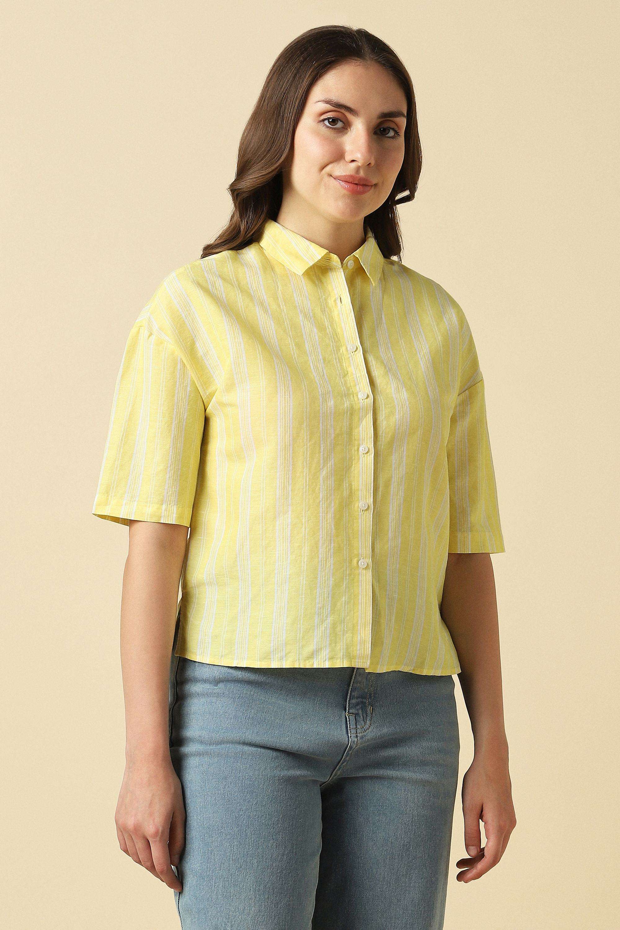 Buy Allen Solly yellow Stripes Linen Blend Round Neck Women's