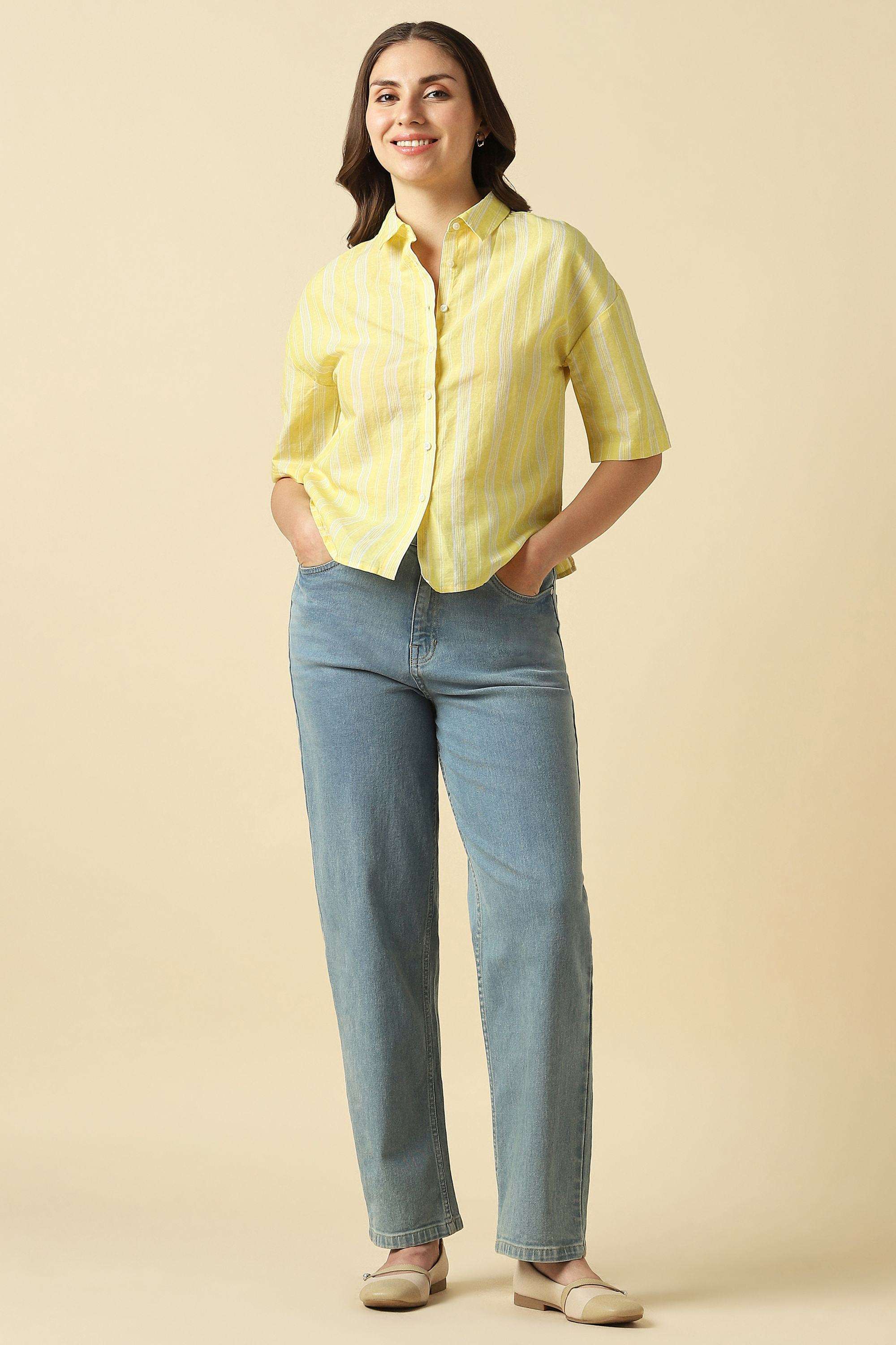 Buy Allen Solly yellow Stripes Linen Blend Round Neck Women's