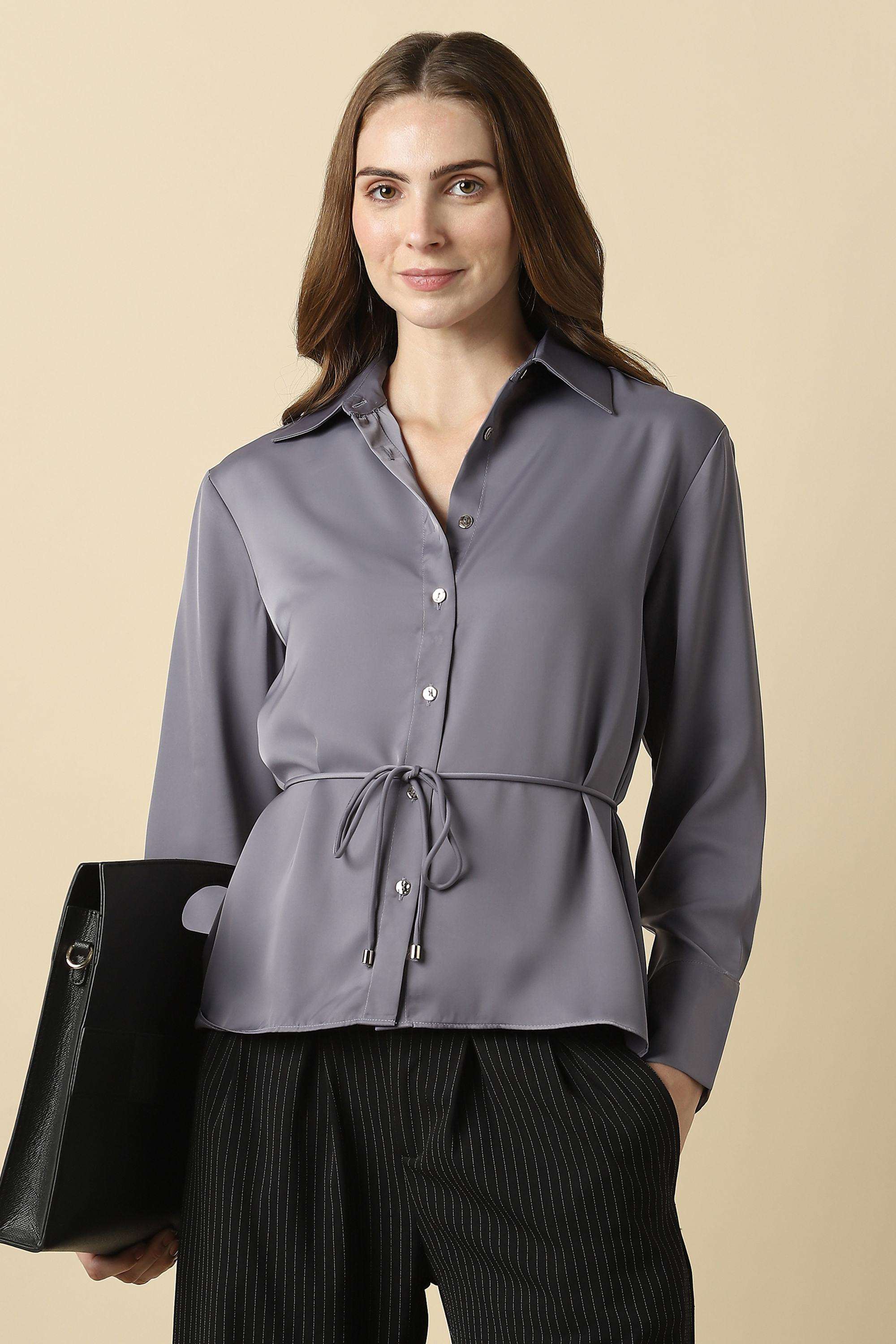 Solid-Polyester-Round-Neck-Women-s-Shirt