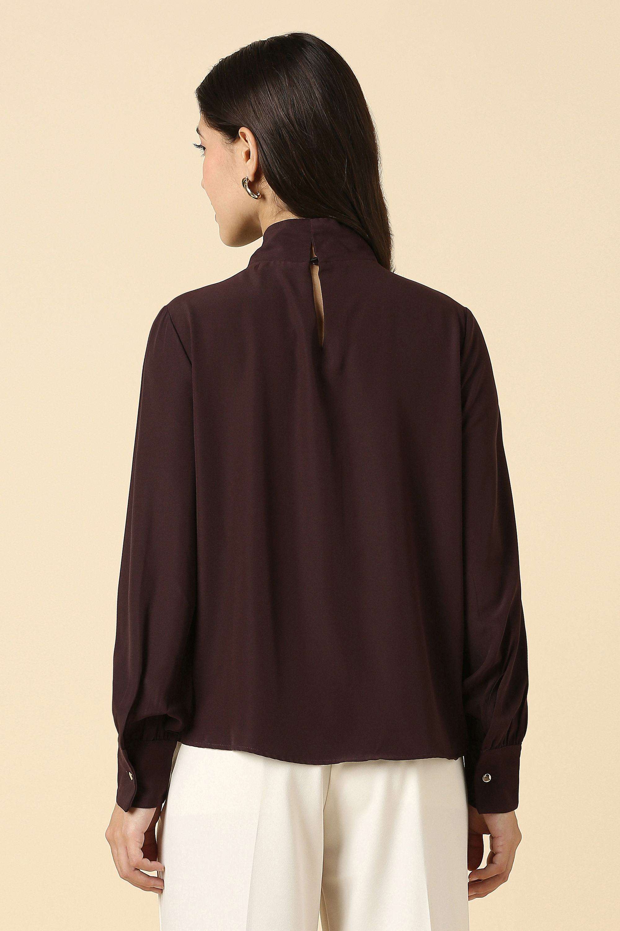 Solid-Polyester-High-Neck-Women-s-Top