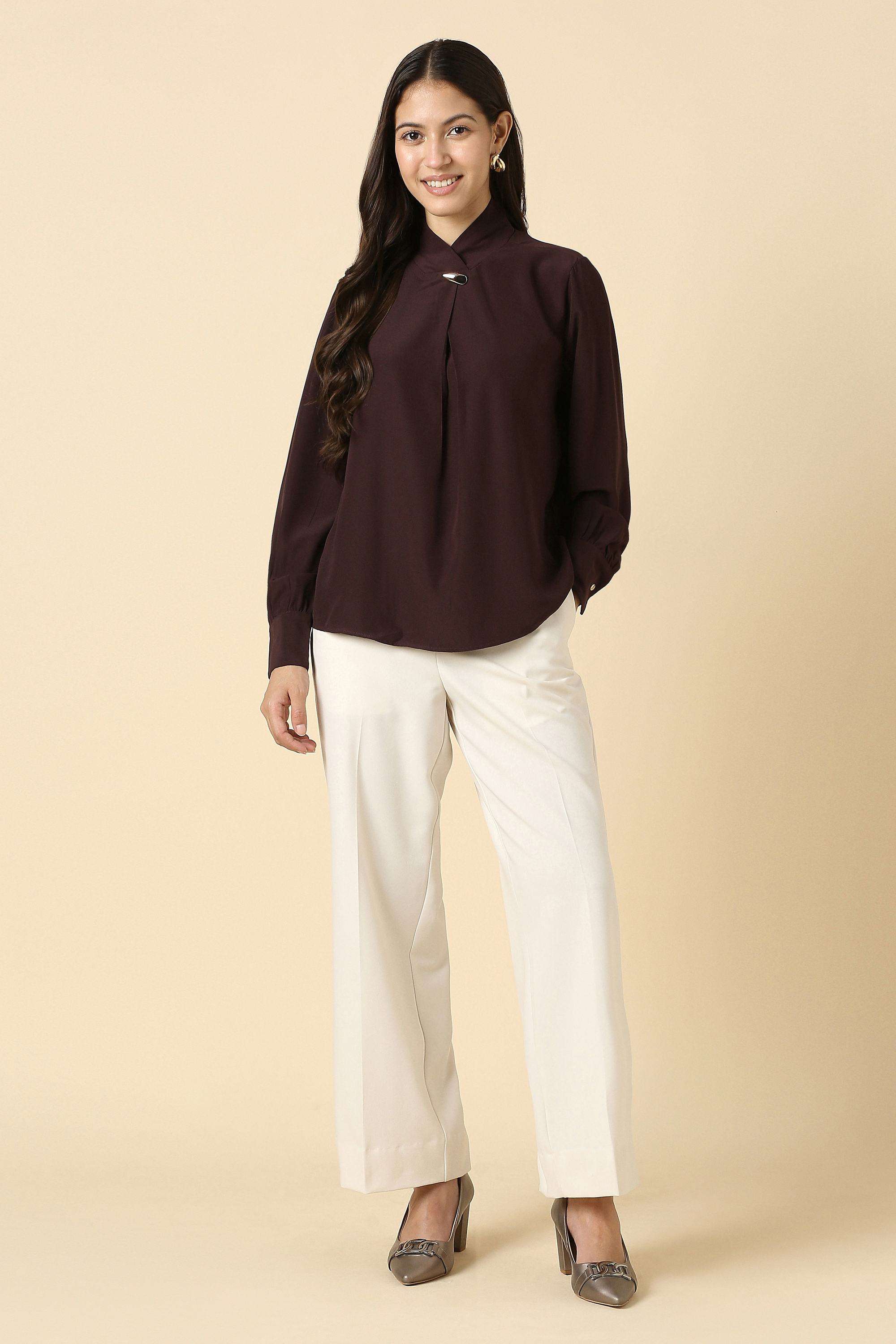 Buy Allen Solly Brown Solid Polyester High Neck Women's Top