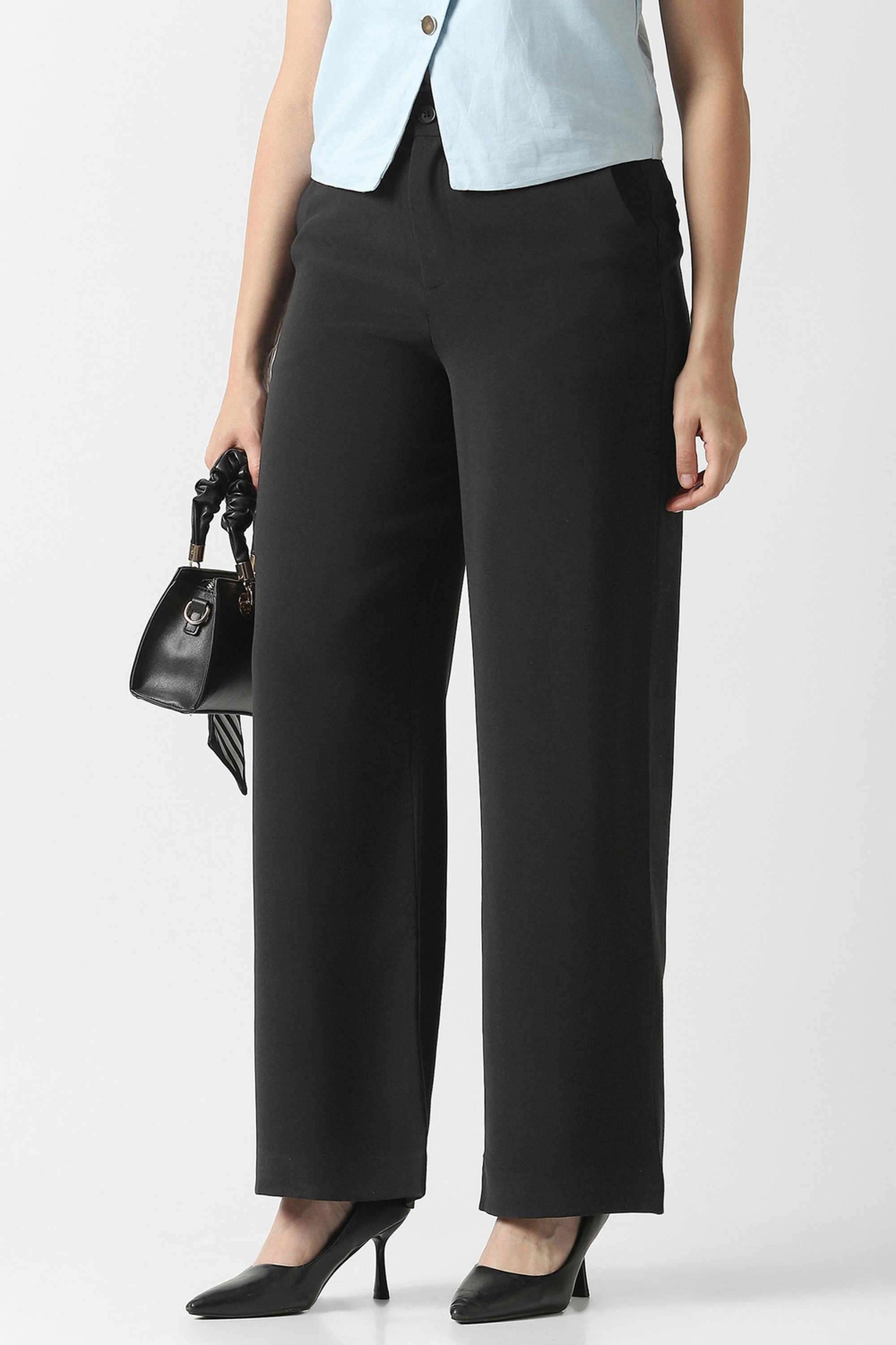 Solid-Wide-Leg-Fit-Polyester-Women-s-Casual-Wear-Trousers