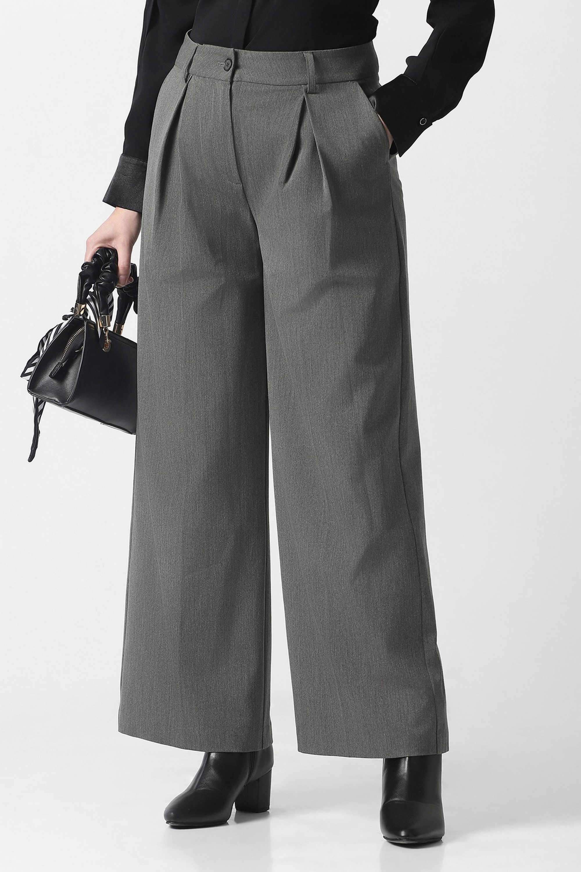 Solid-Wide-Leg-Fit-Polyester-Women-s-Casual-Wear-Trousers