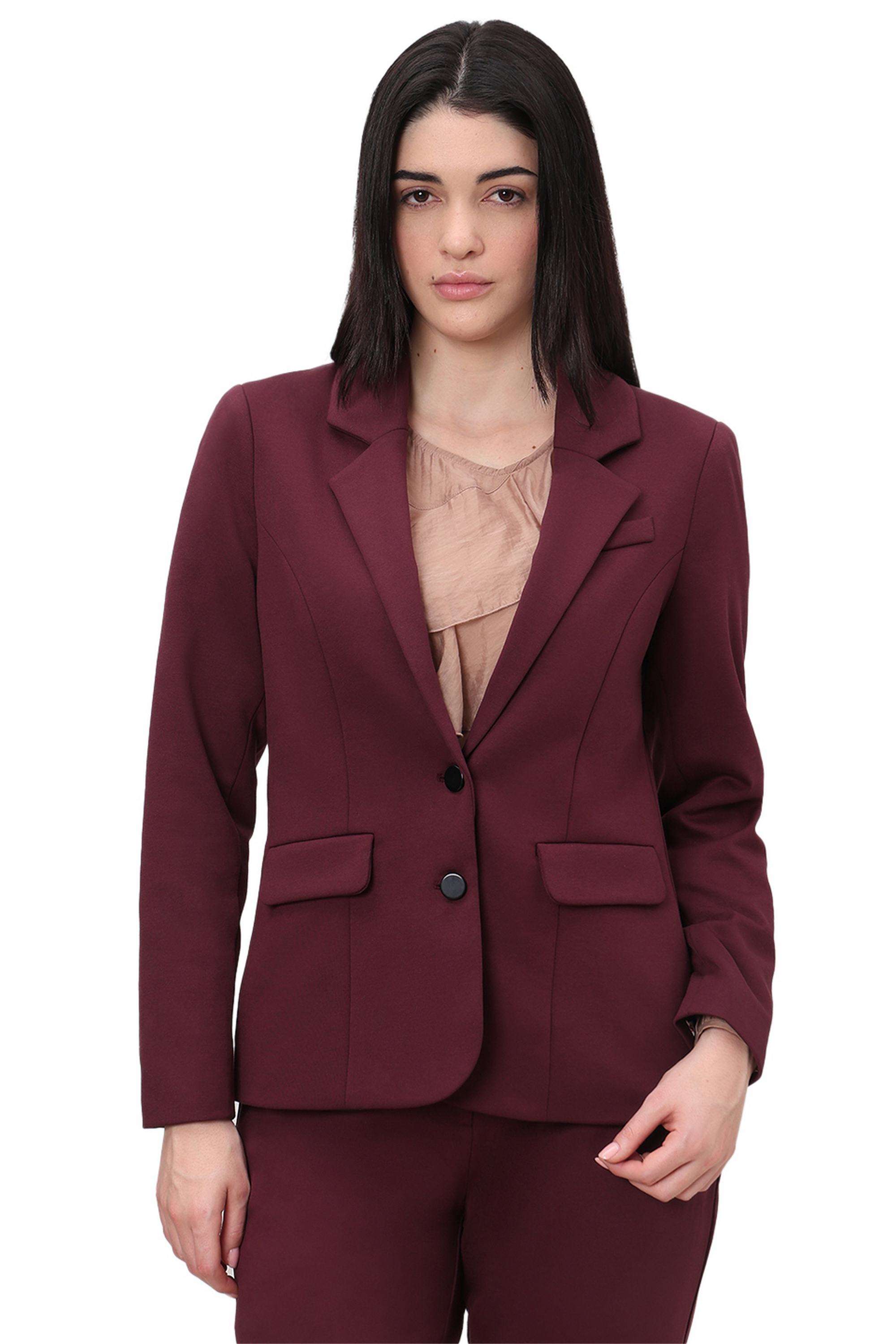 Solid-Polyester-V-Neck-Women-s-Blazer
