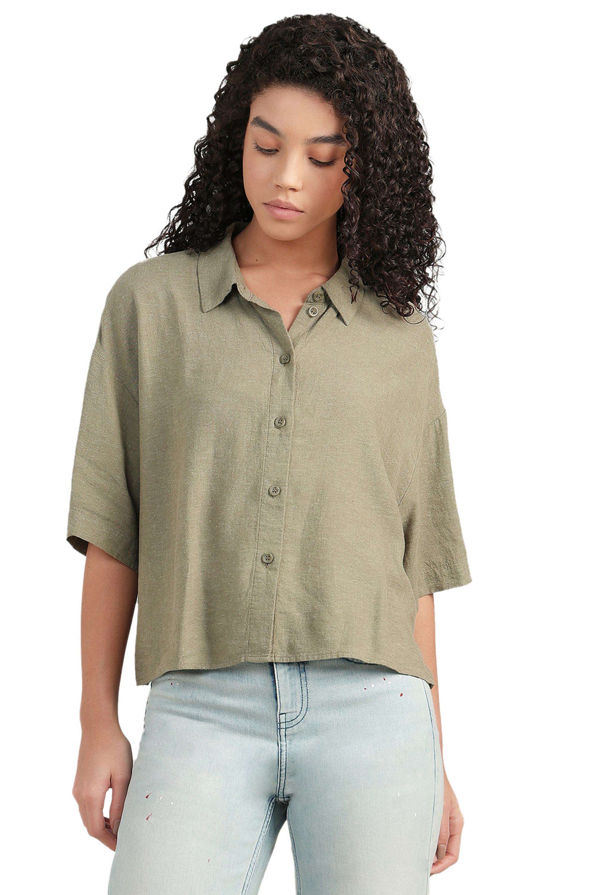 Solid-Linen-V-Neck-Women-s-Shirt