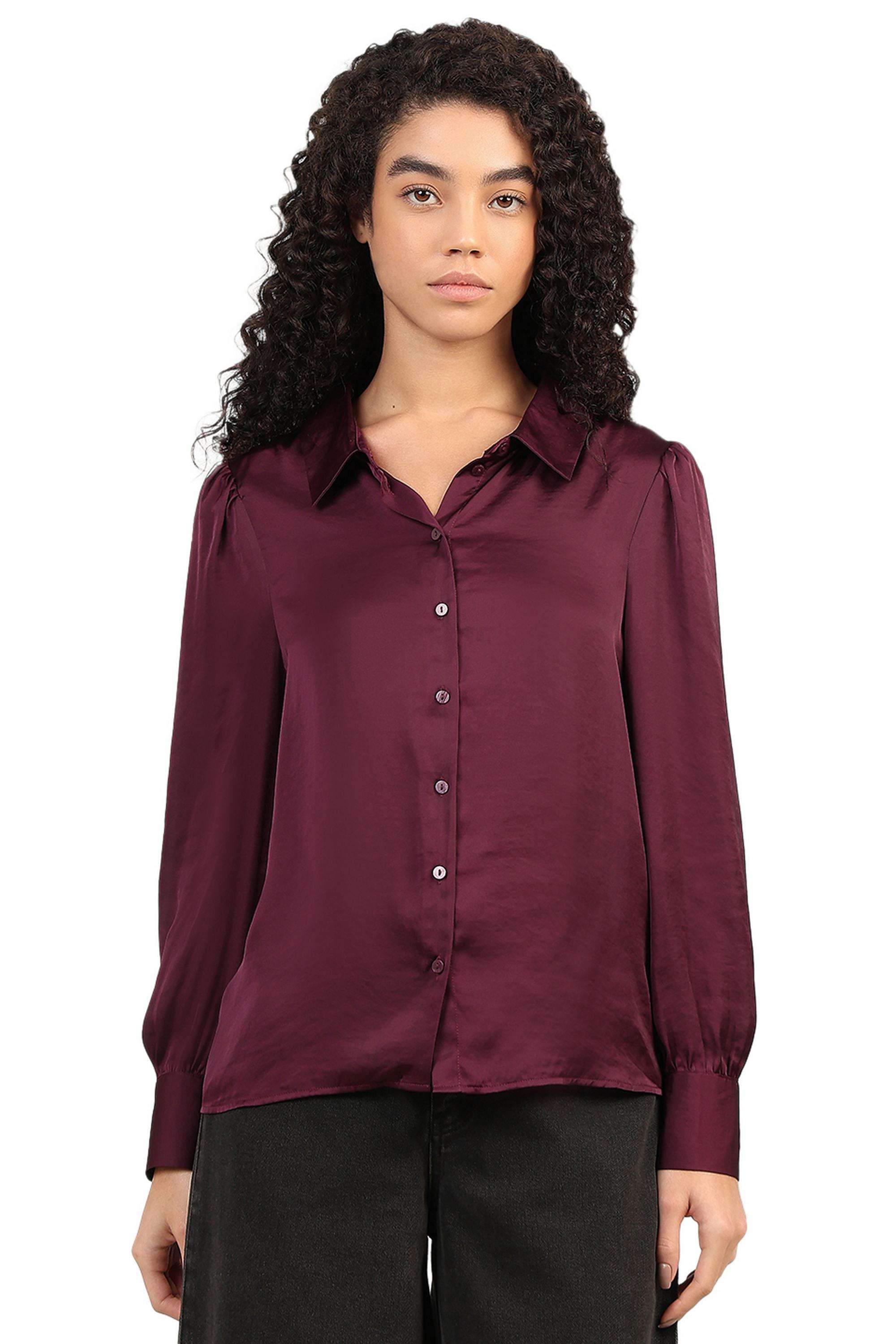 Solid-Polyester-V-Neck-Women-s-Shirt