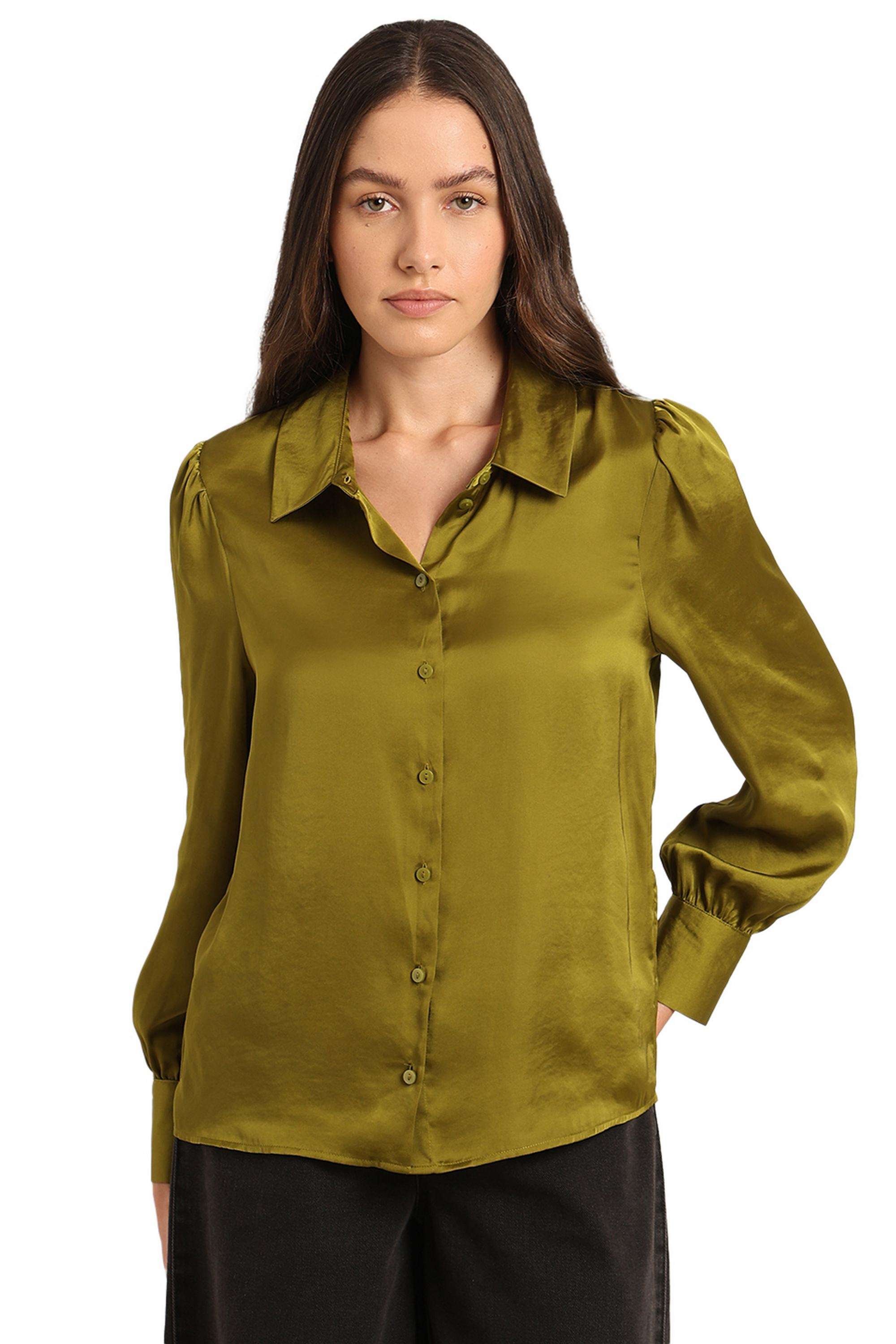 Solid-Polyester-V-Neck-Women-s-Shirt