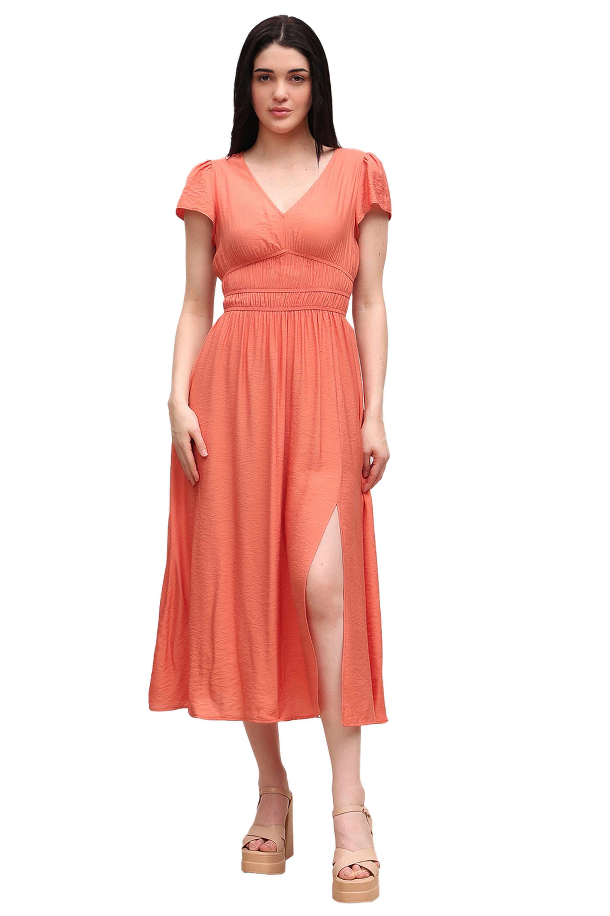 Solid-Viscose-V-Neck-Women-s-Dress