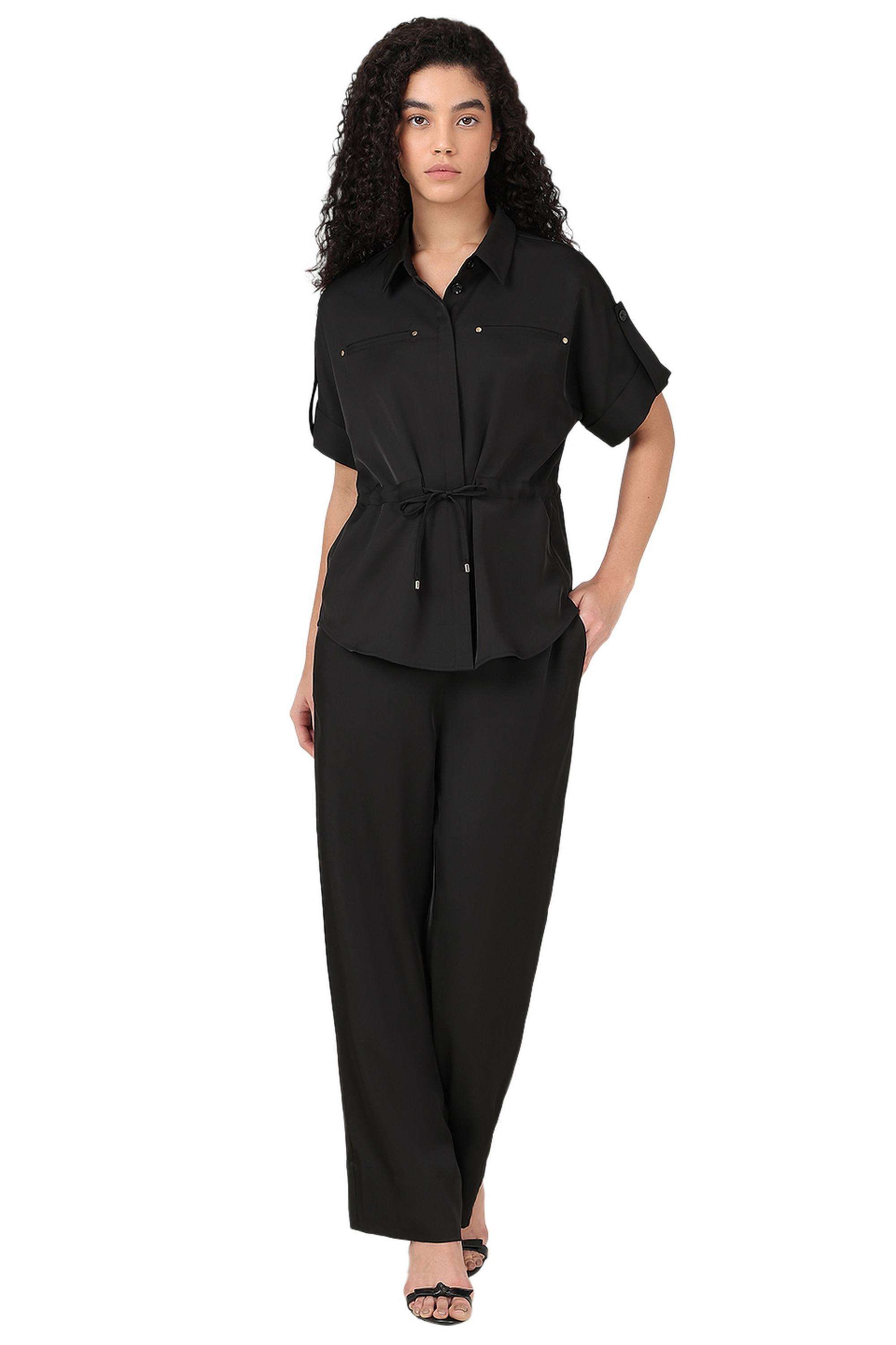 Solid-Polyester-V-Neck-Women-s-Shirt