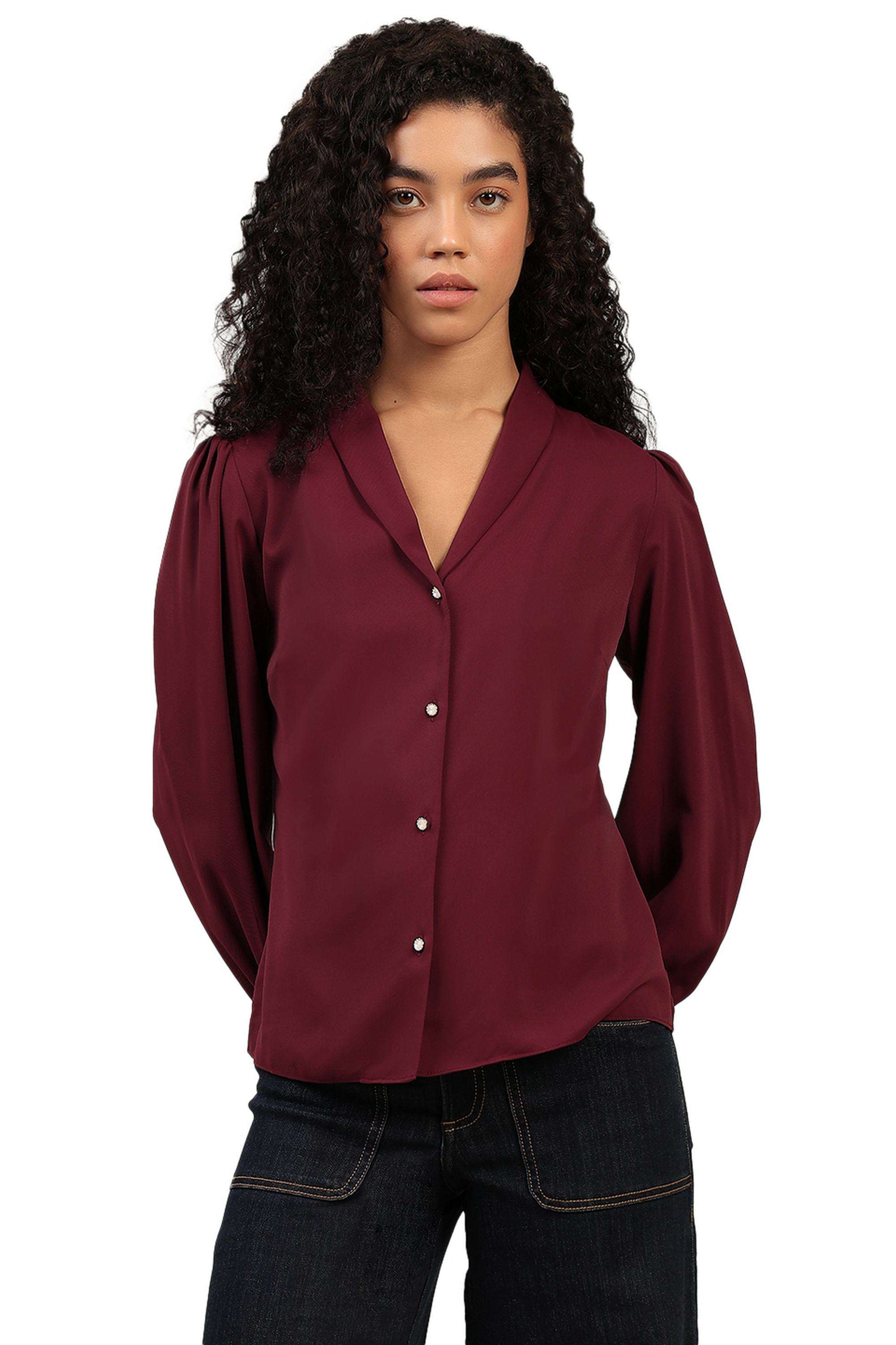 Solid-Polyester-V-Neck-Women-s-Shirt