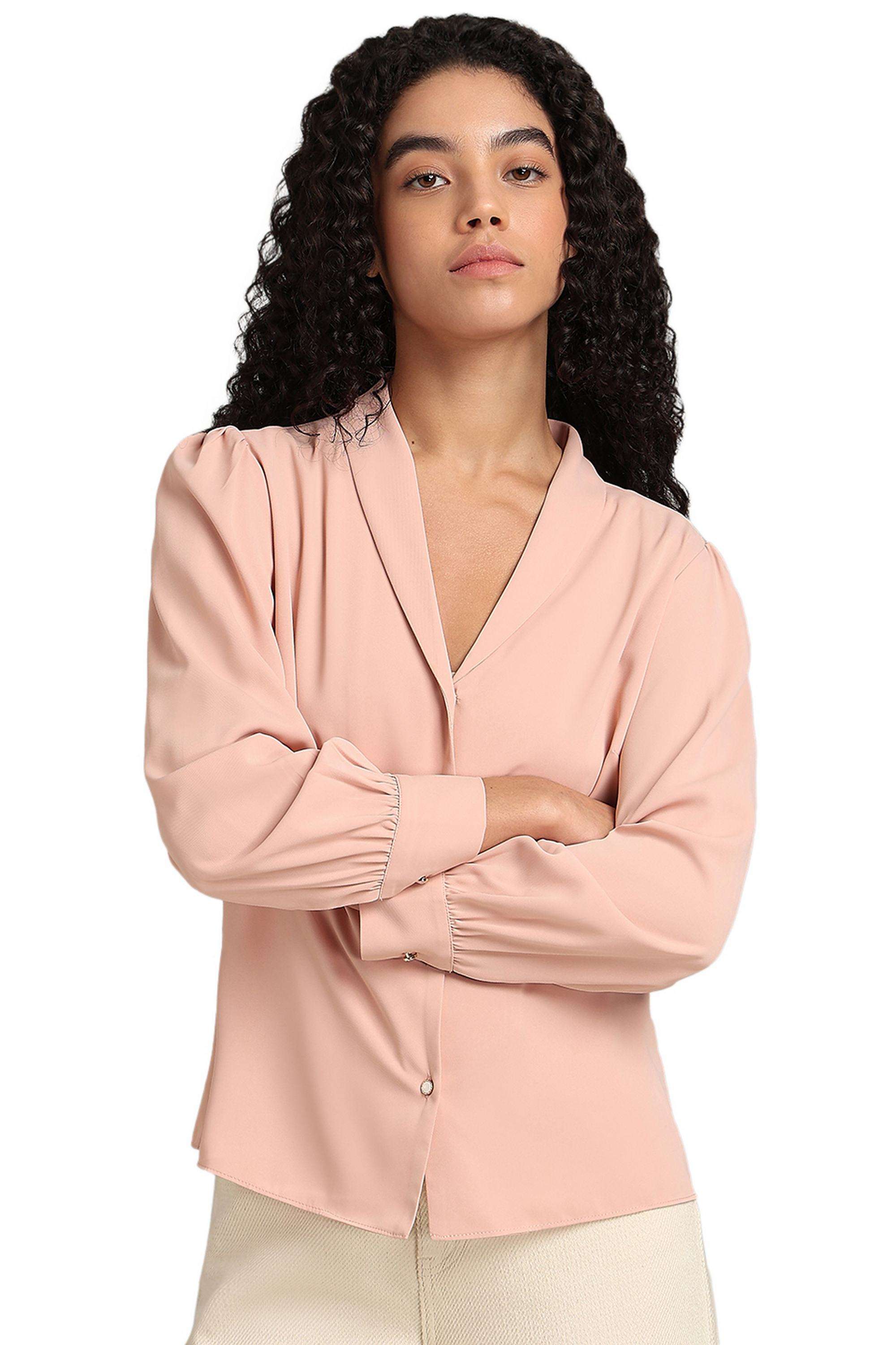 Solid-Polyester-V-Neck-Women-s-Shirt