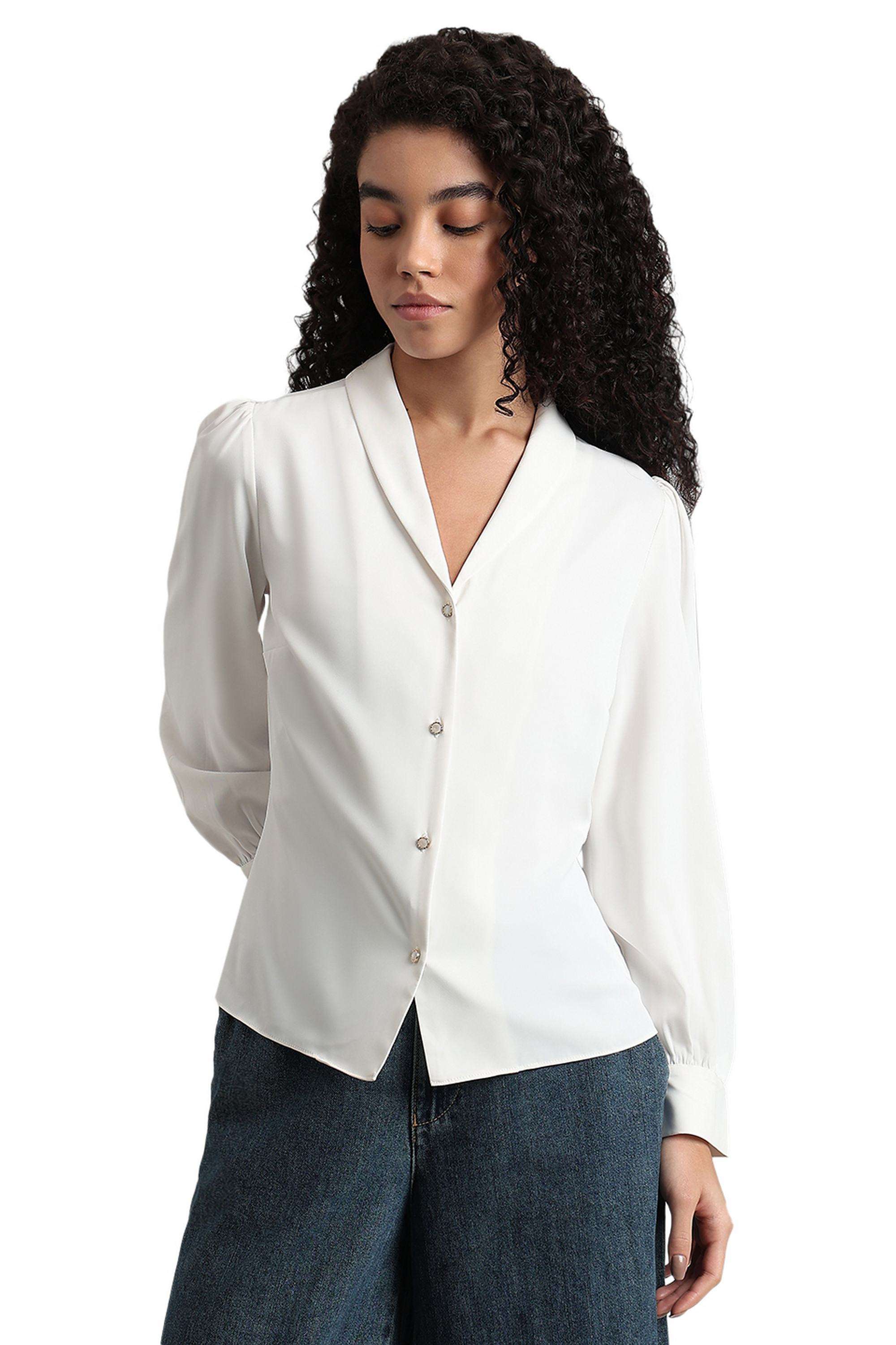 Solid-Polyester-V-Neck-Women-s-Shirt