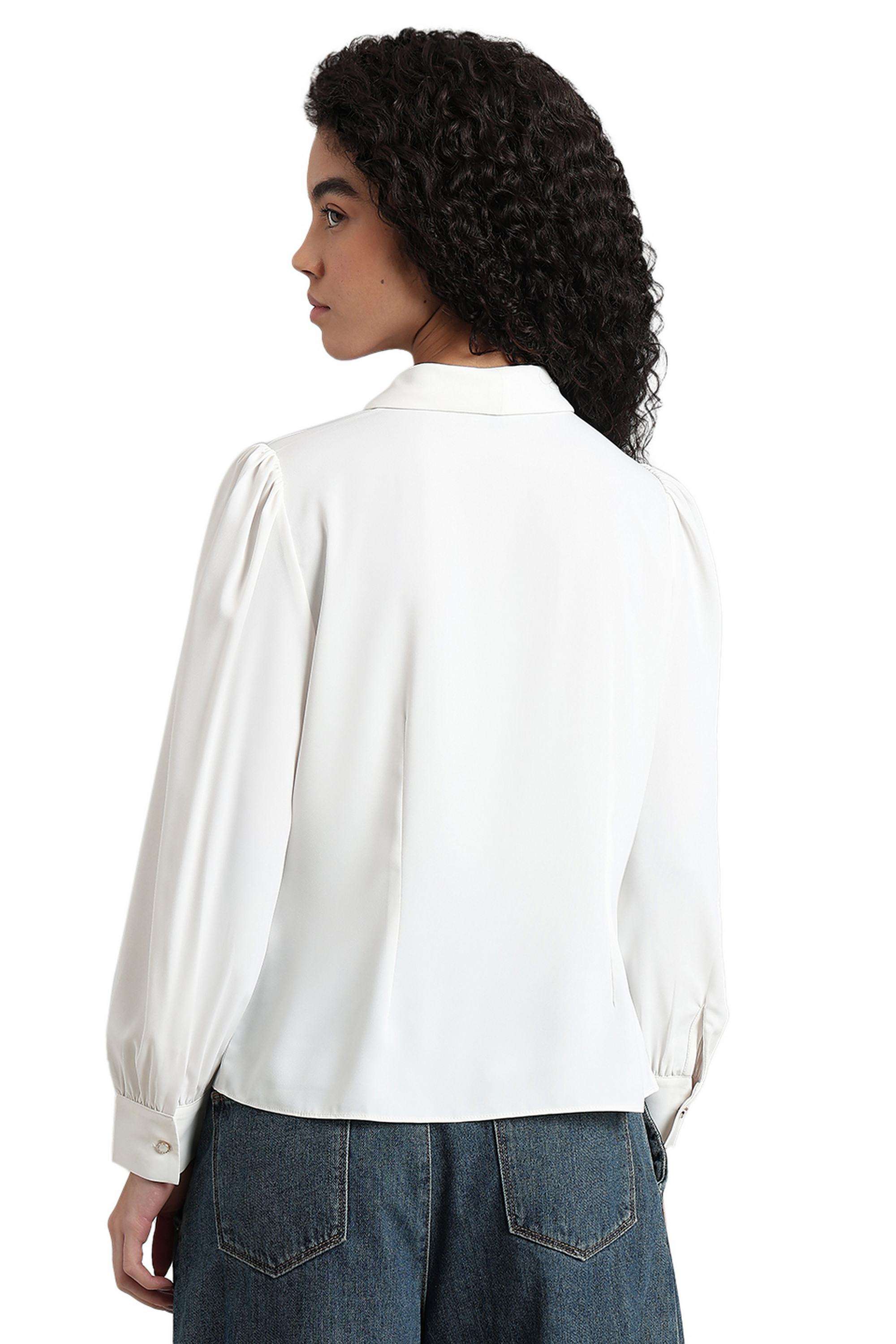 Solid-Polyester-V-Neck-Women-s-Shirt