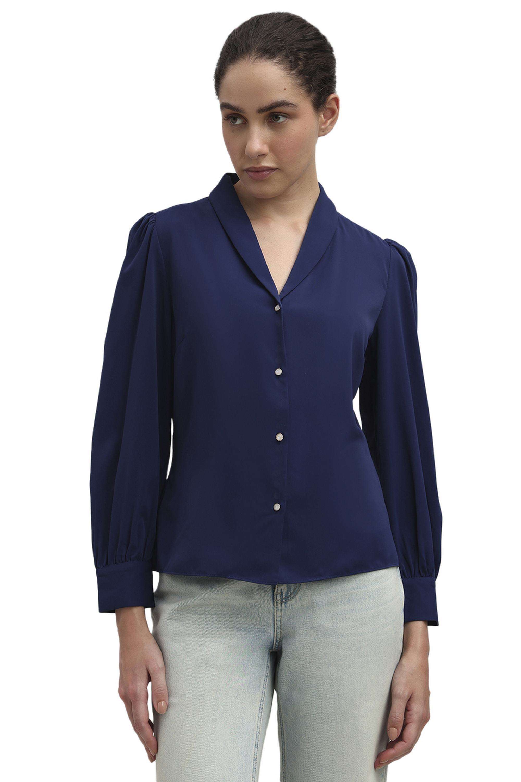 Solid-Polyester-V-Neck-Women-s-Shirt