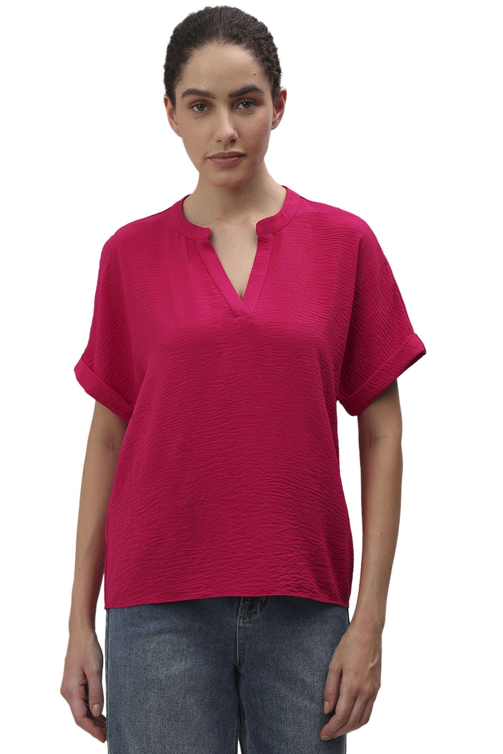 Solid-Polyester-Round-Neck-Women-s-Top