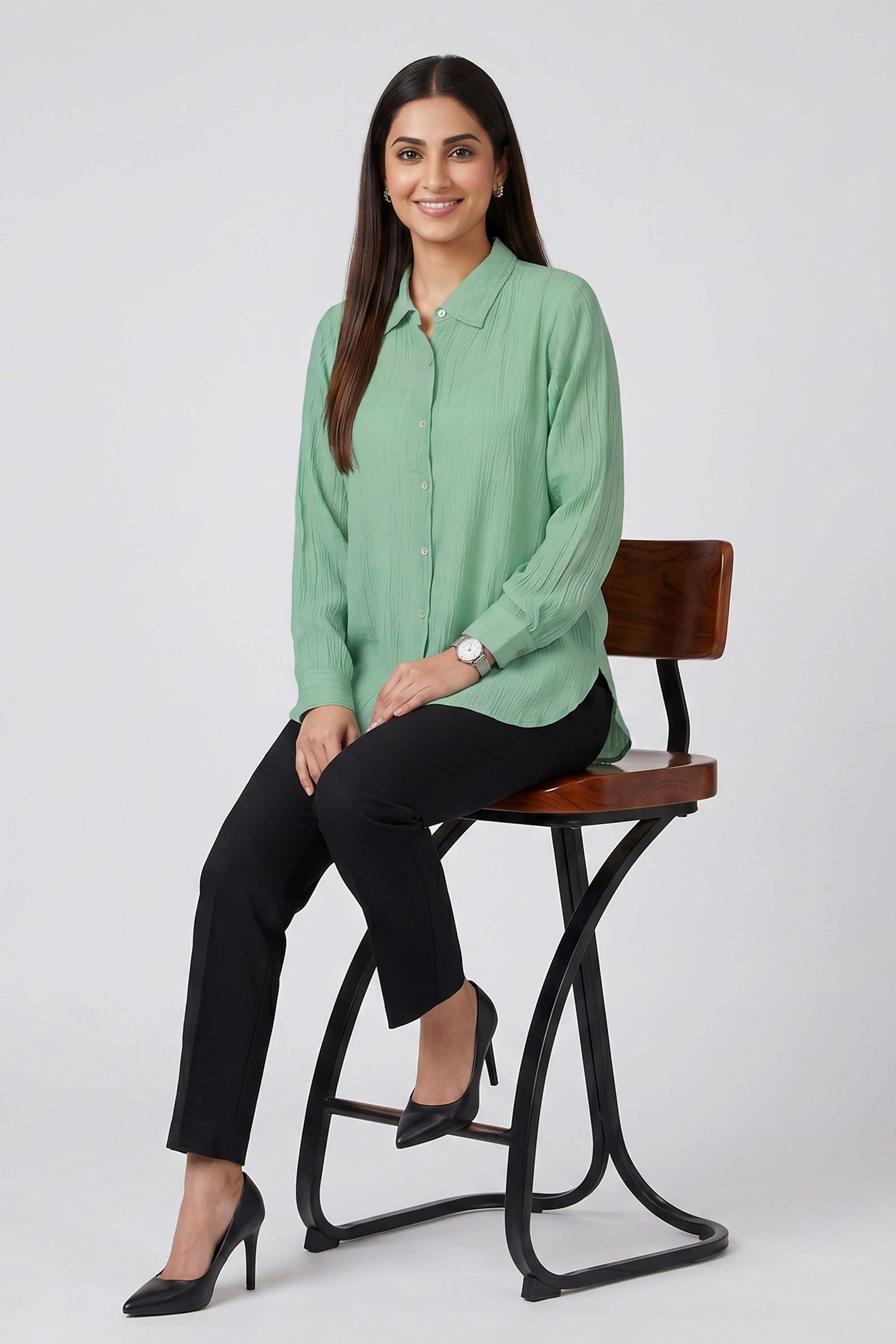Textured Collared Viscose Women Shirt-image-3