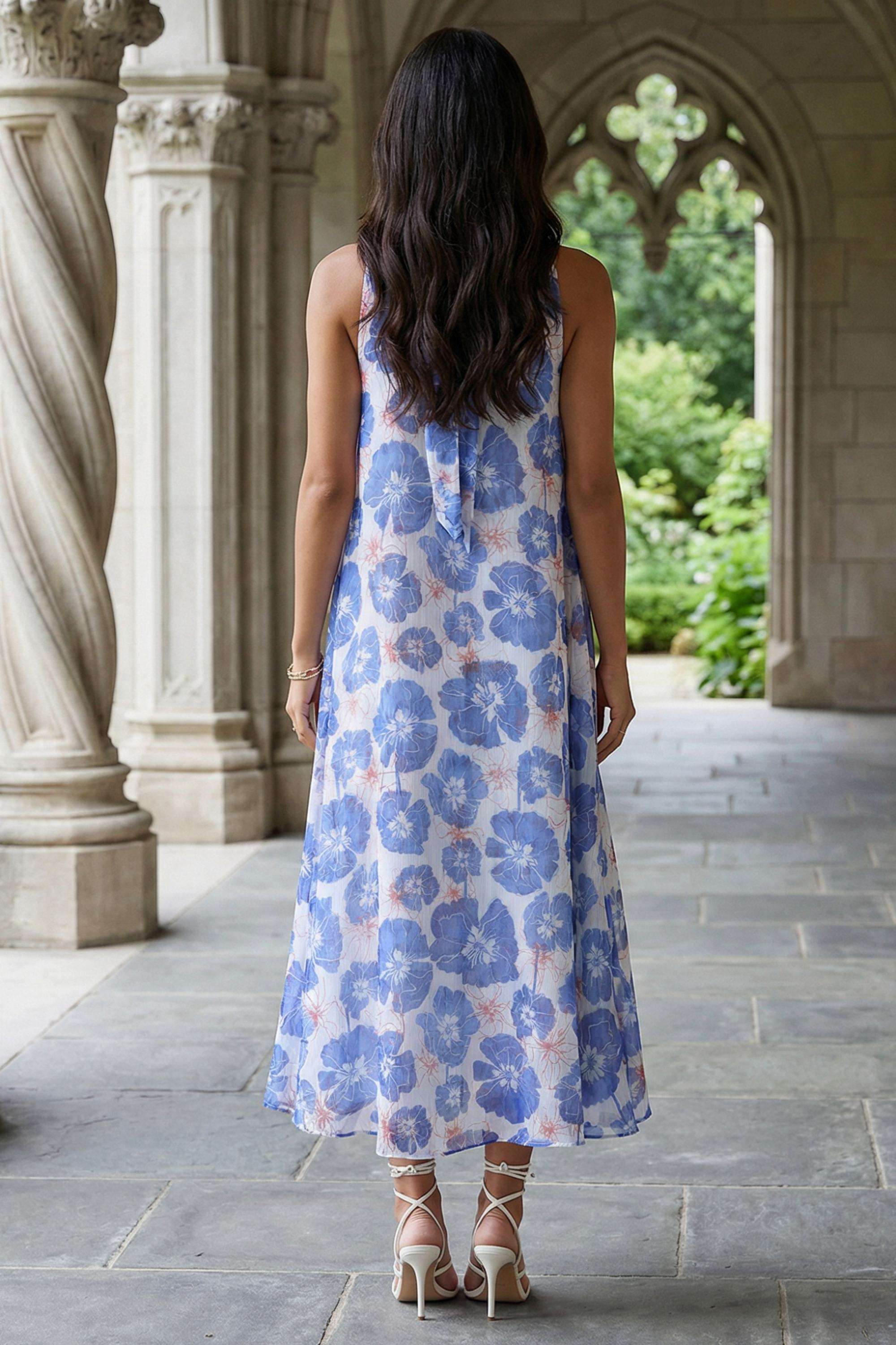 Floral-Chiffon-Round-Neck-Women-s-Dress