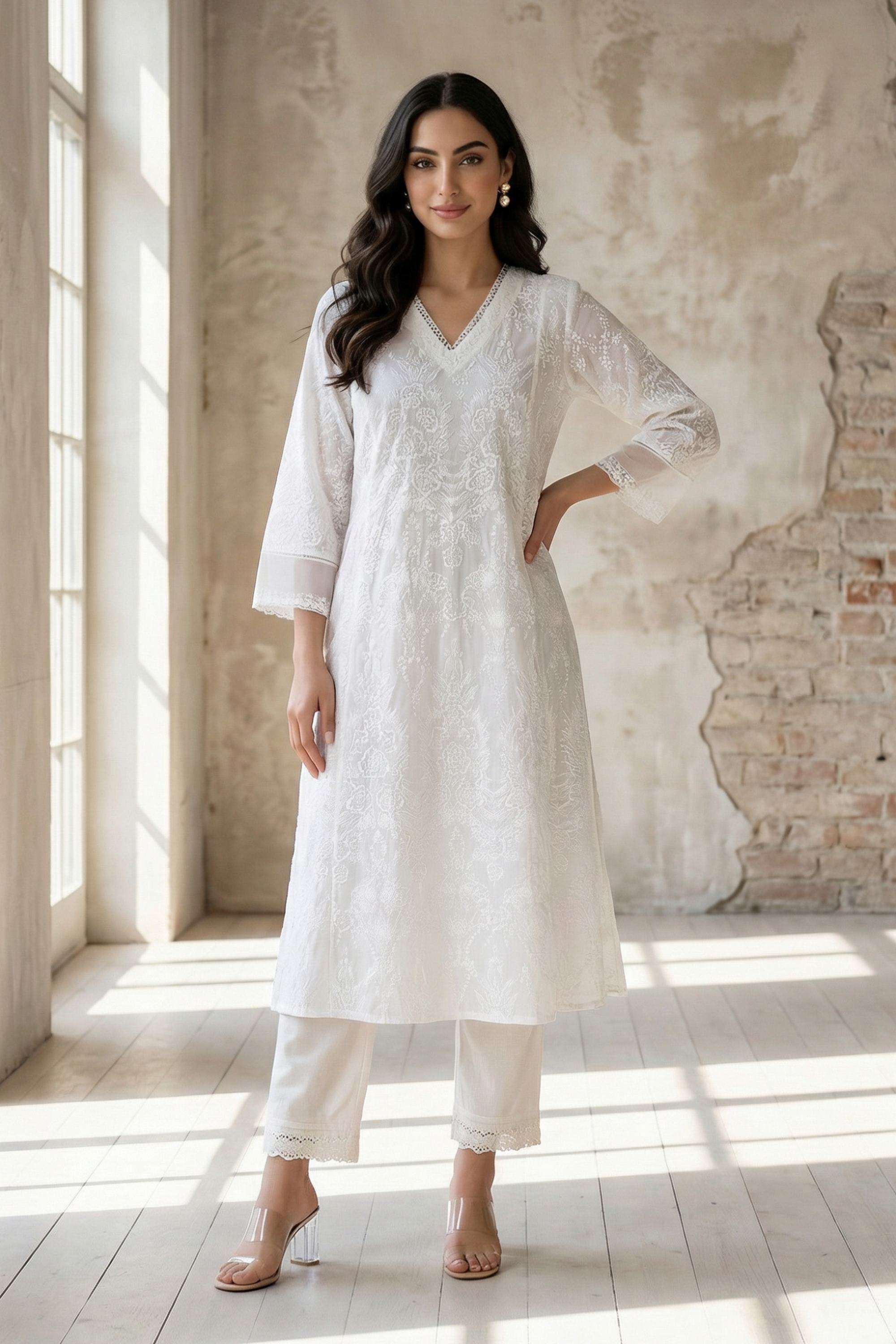 Floral-Blended-Fabric-V-Neck-Women-s-Casual-Wear-Kurta