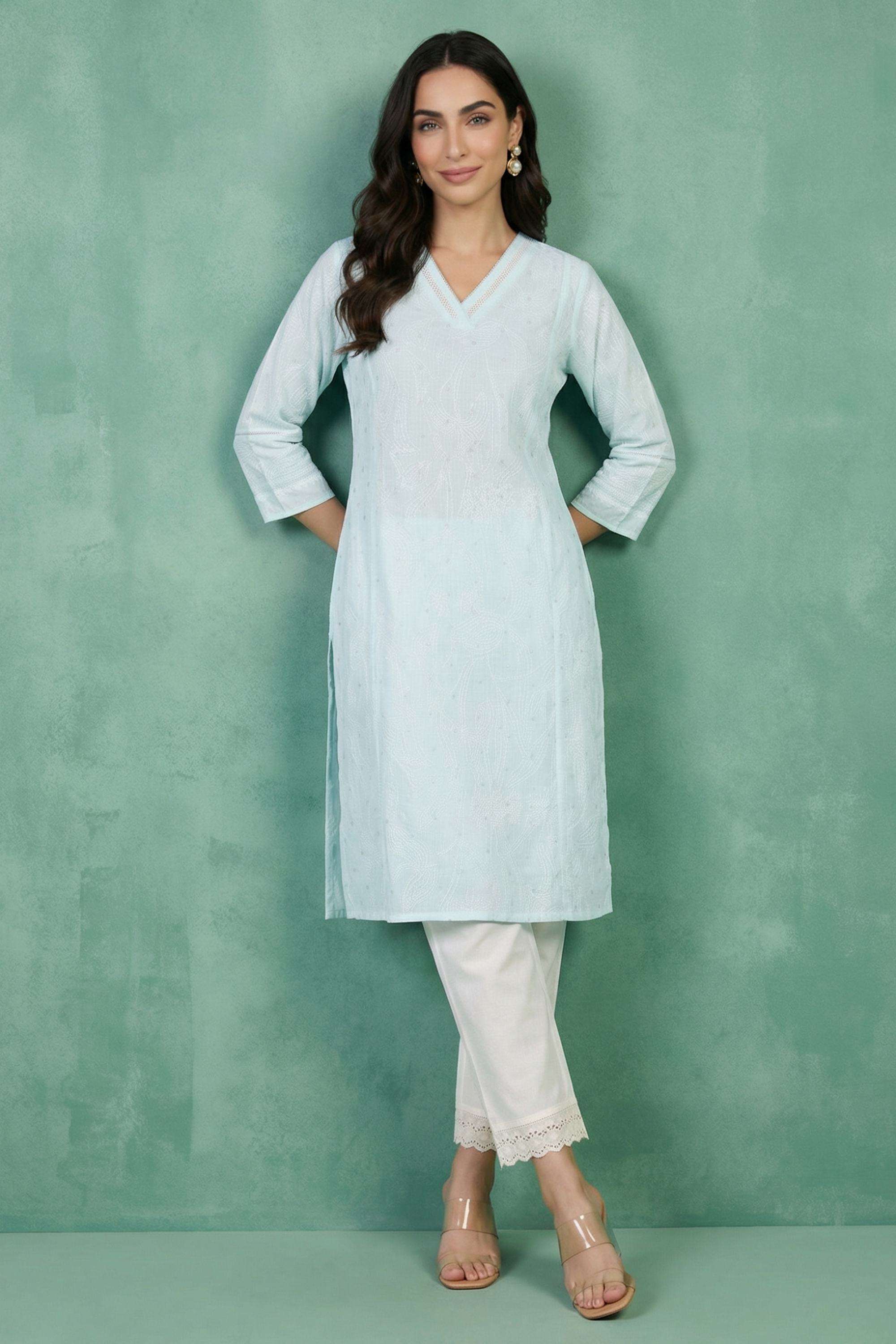 Embroidered-Blended-Fabric-V-Neck-Women-s-Ethnic-Kurta