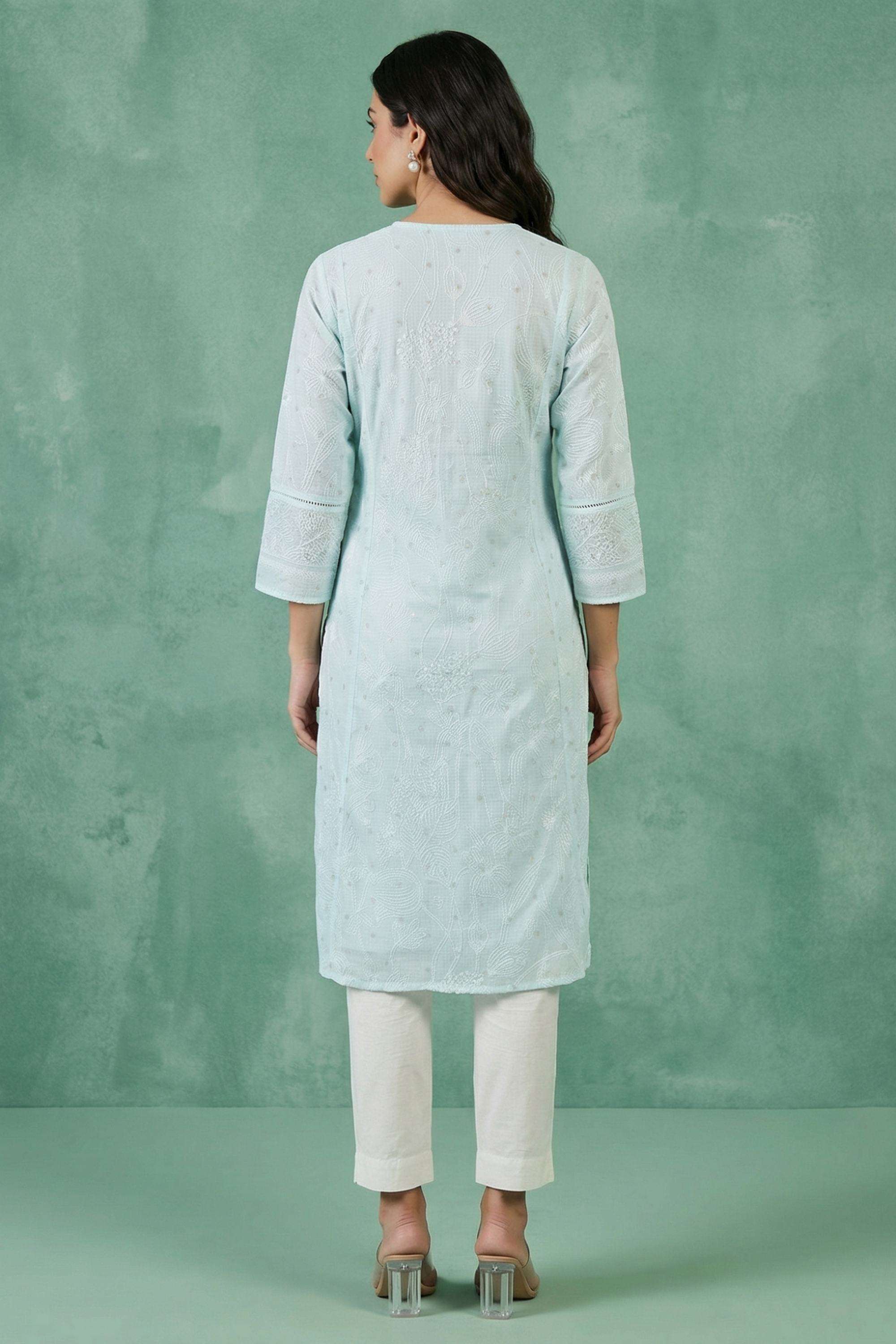 Embroidered-Blended-Fabric-V-Neck-Women-s-Ethnic-Kurta