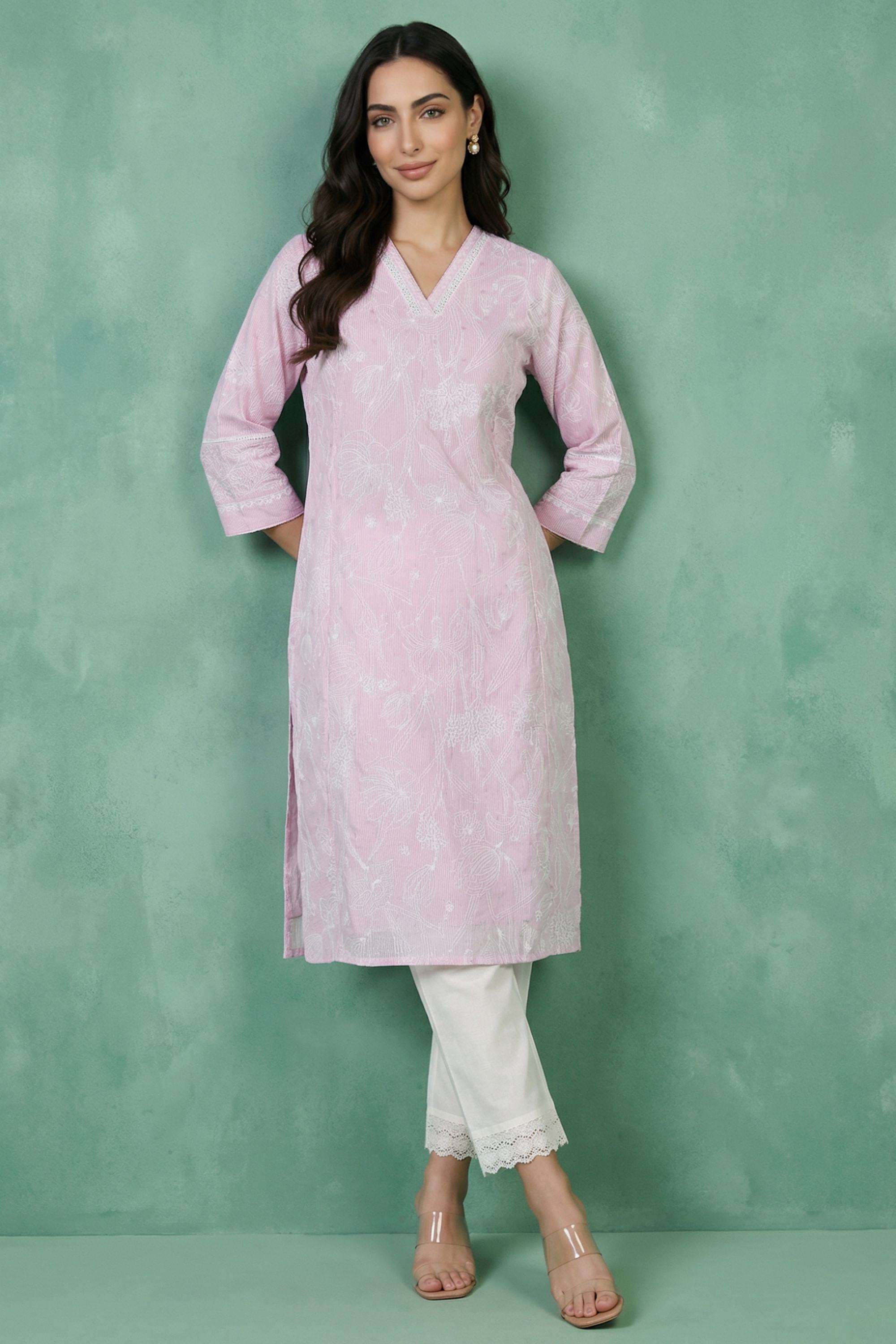 Embroidered-Blended-Fabric-V-Neck-Women-s-Ethnic-Kurta