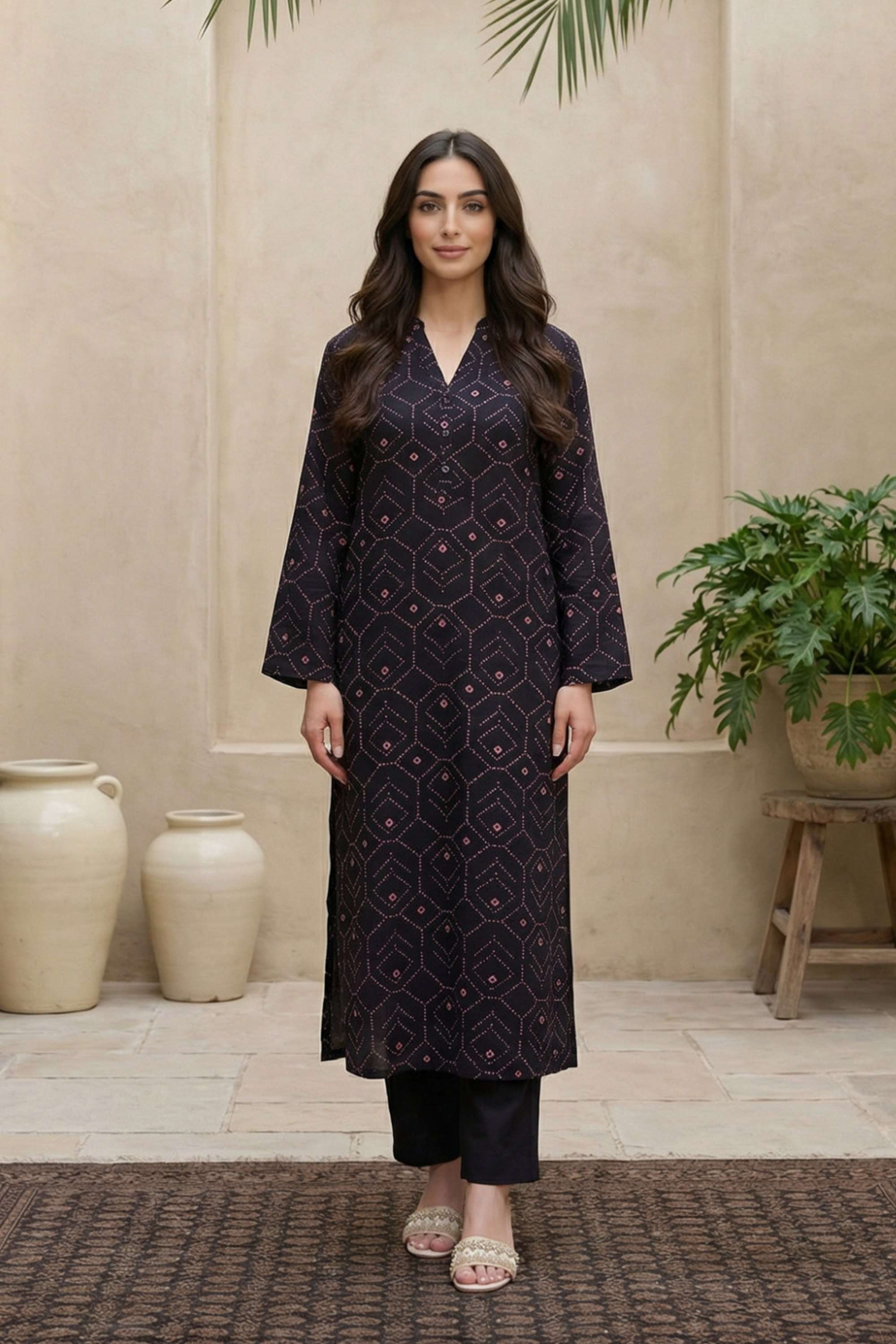 Geometric-Print-Blended-Fabric-Women-s-Formal-Wear-Kurta