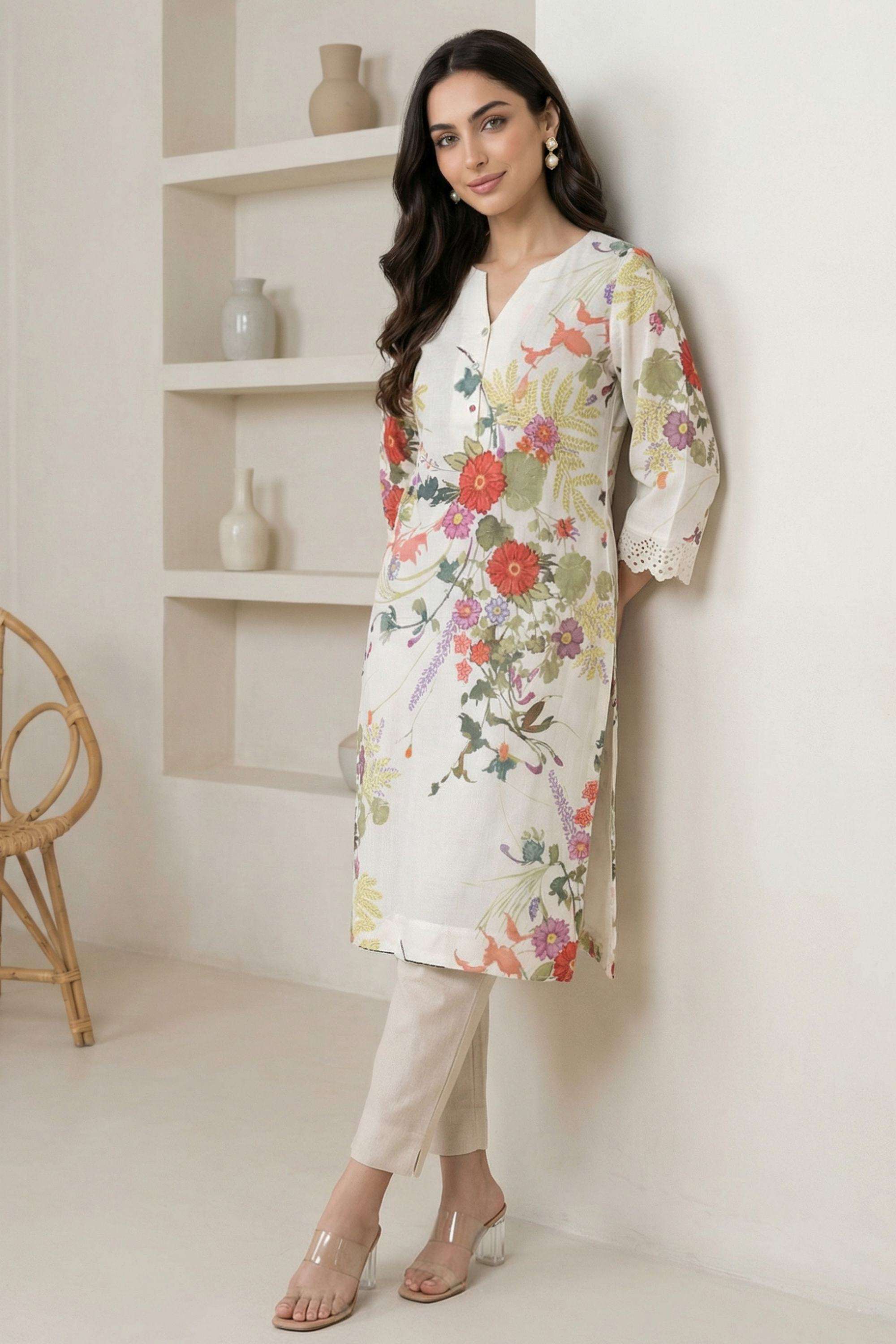 Floral-Blended-Fabric-V-Neck-Women-s-Casual-Wear-Kurta