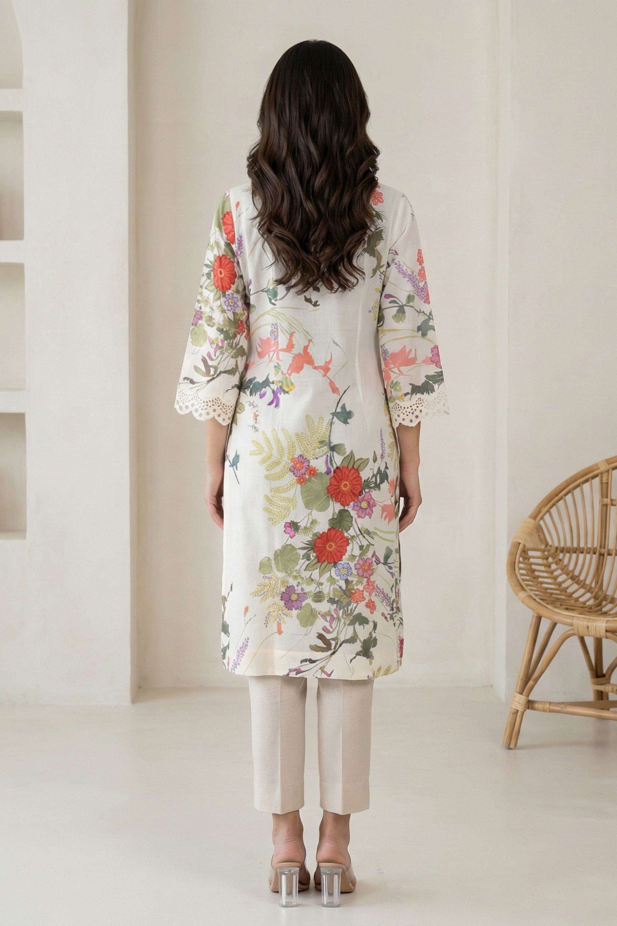 Floral-Blended-Fabric-V-Neck-Women-s-Casual-Wear-Kurta