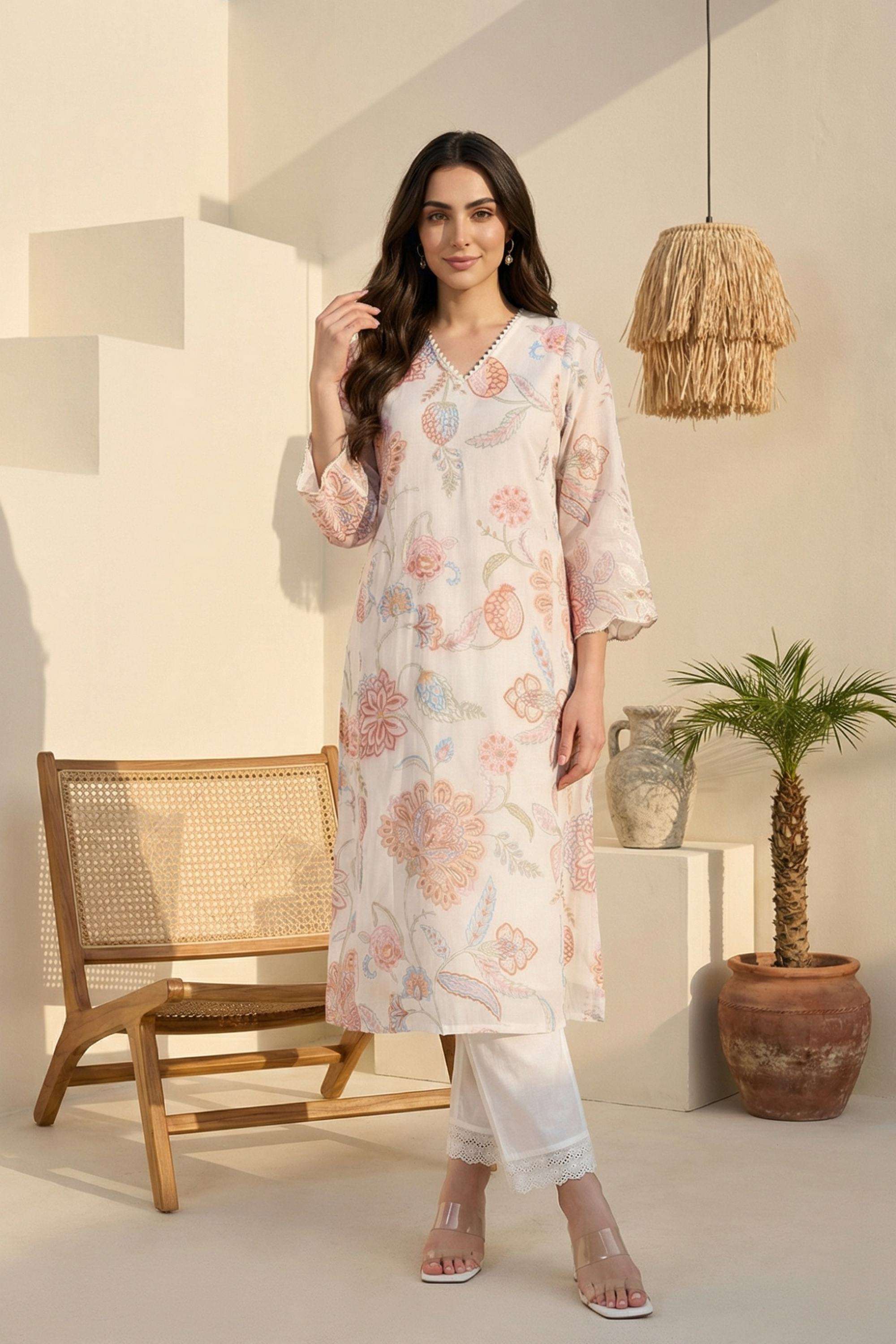 Floral-Blended-Fabric-V-Neck-Women-s-Top