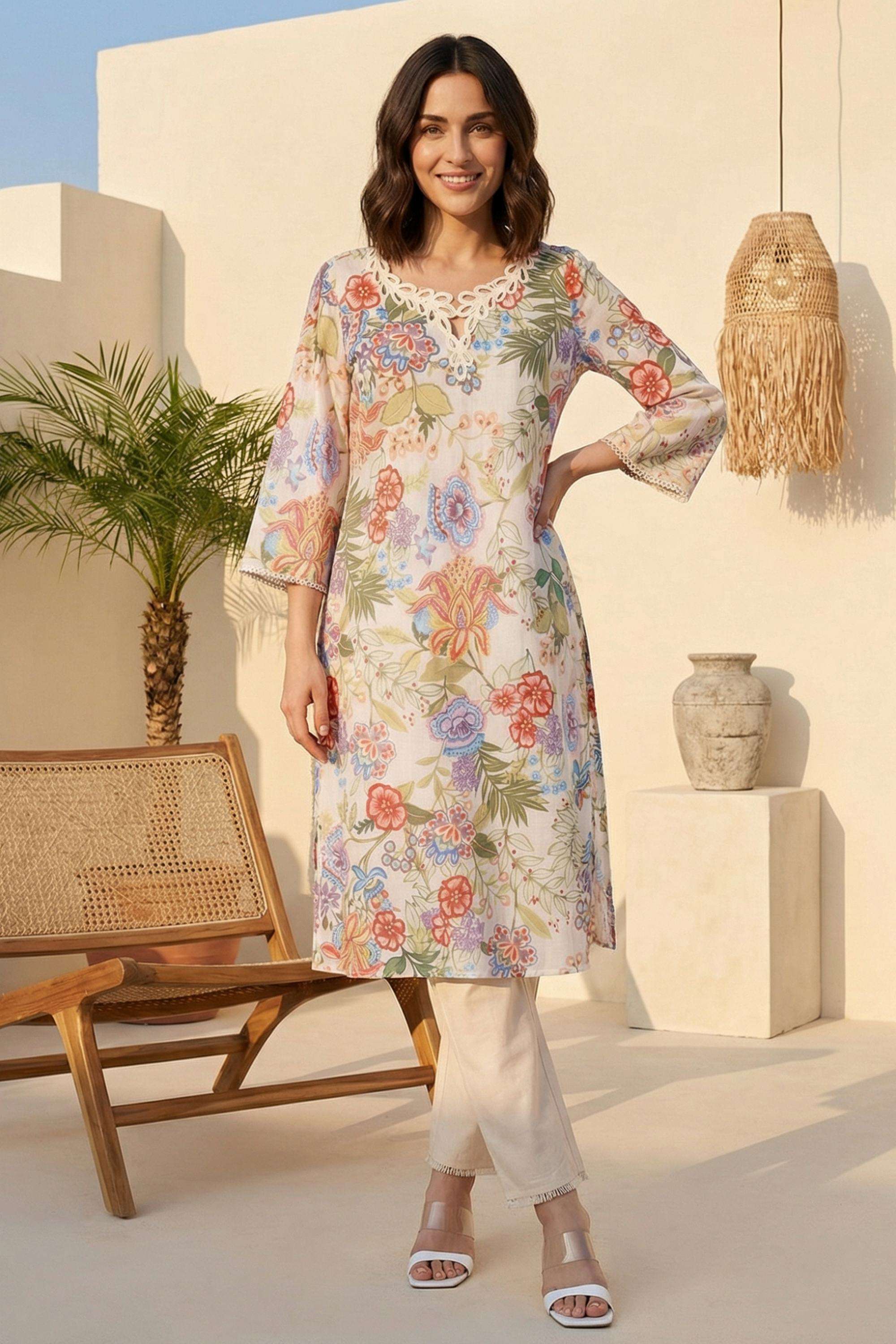 Floral-Blended-Fabric-Round-Neck-Women-s-Casual-Wear-Kurta
