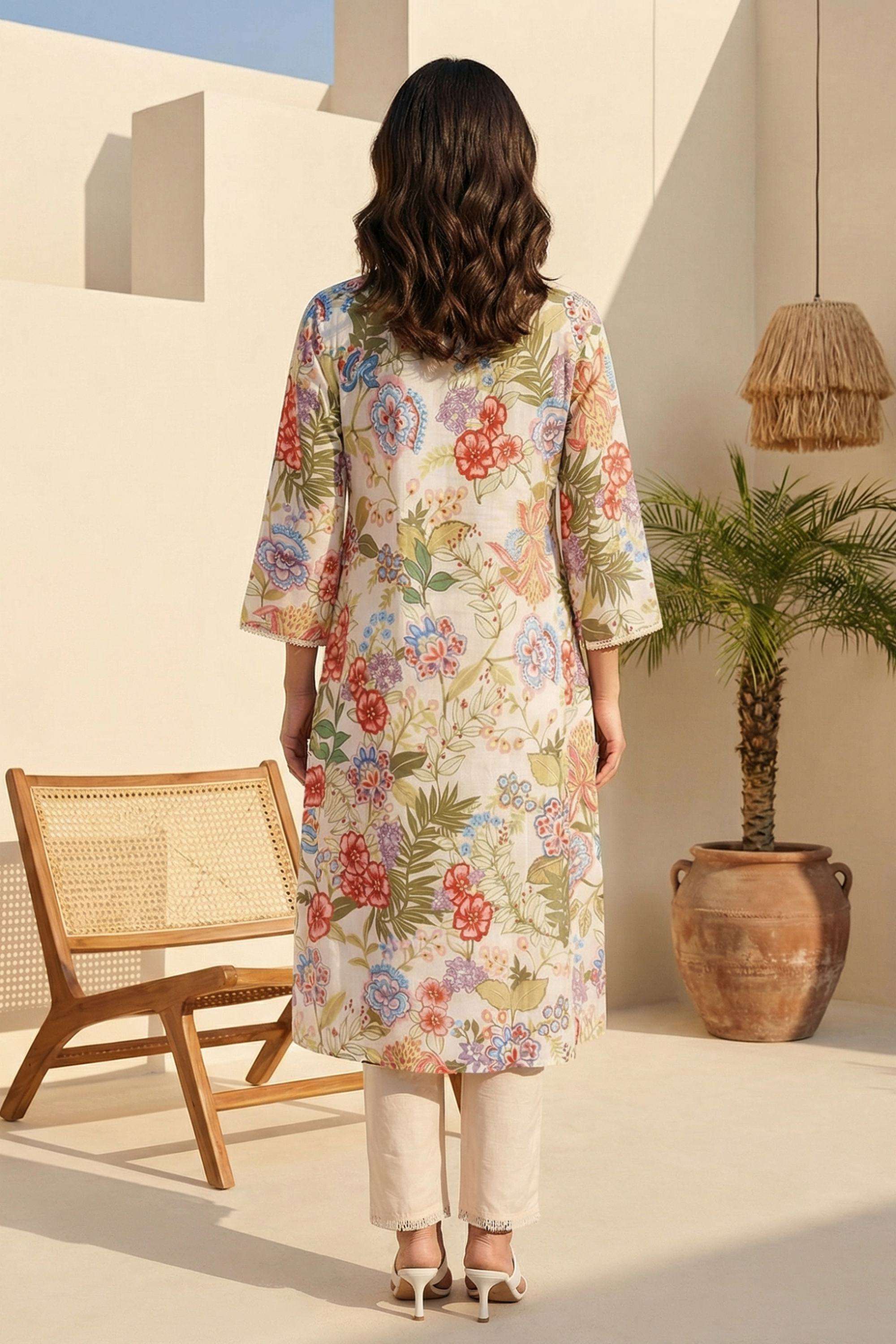 Floral-Blended-Fabric-Round-Neck-Women-s-Casual-Wear-Kurta