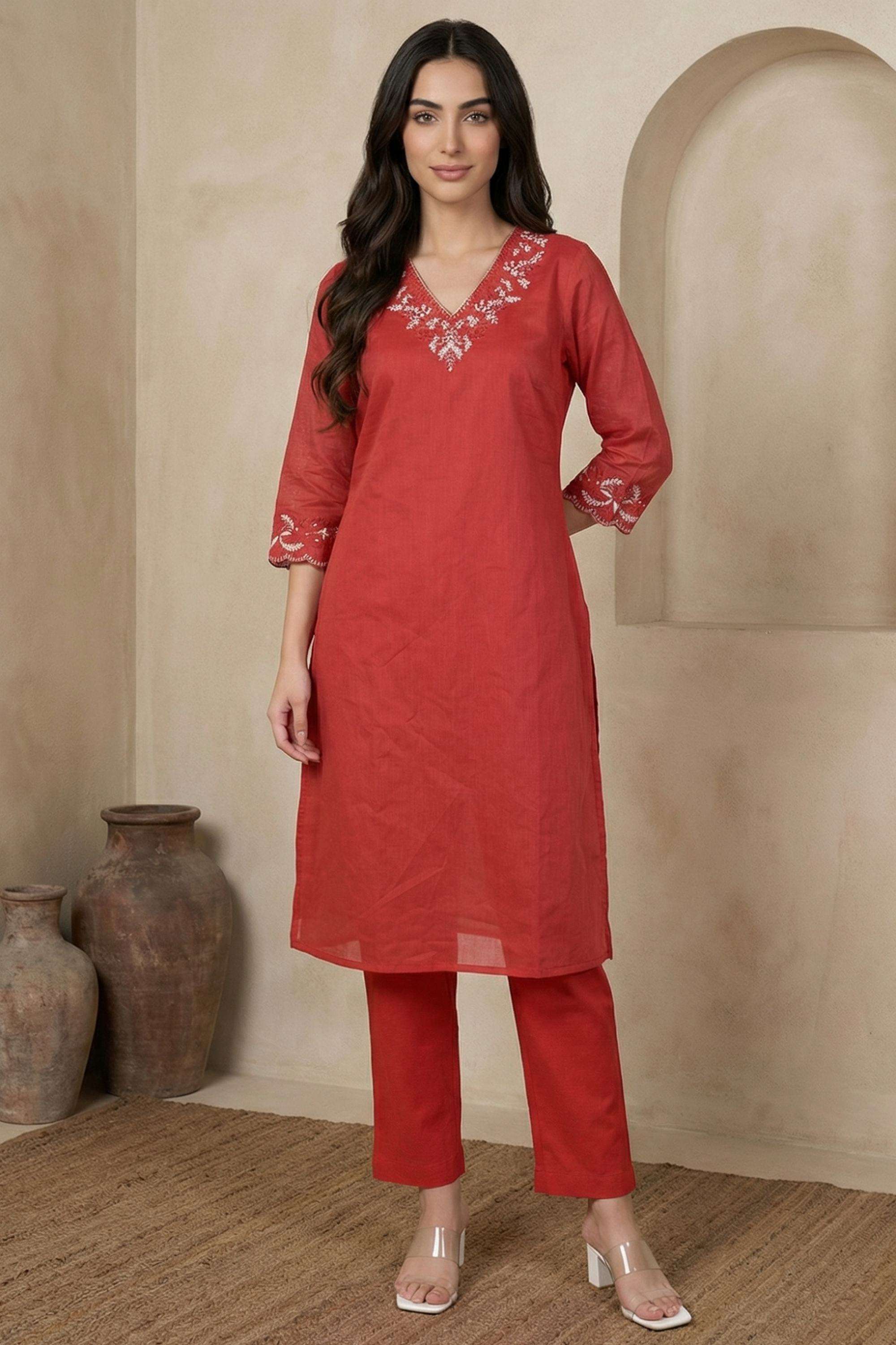 Embroidered-Viscose-V-Neck-Women-s-Festive-Wear-Kurta