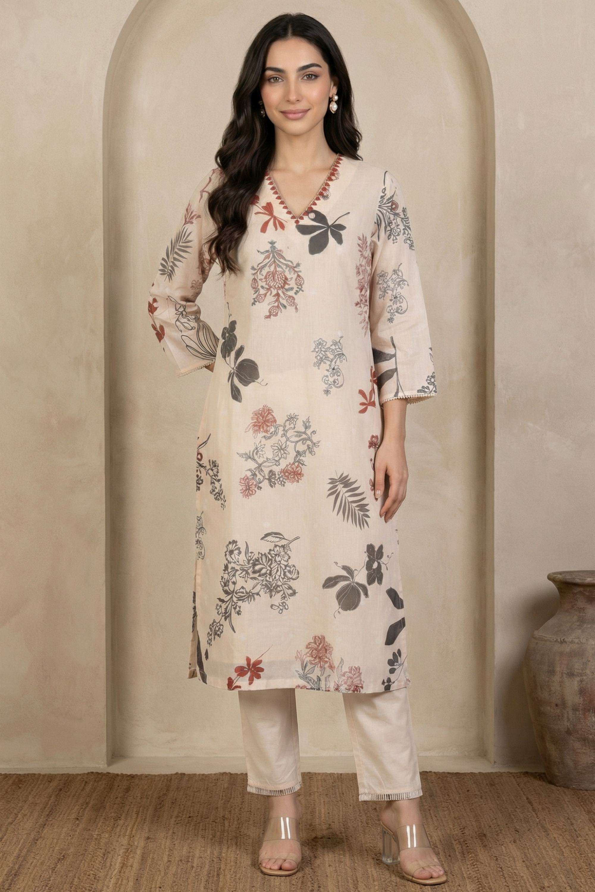 Printed-Blended-Fabric-V-Neck-Women-s-Festive-Wear-Kurta