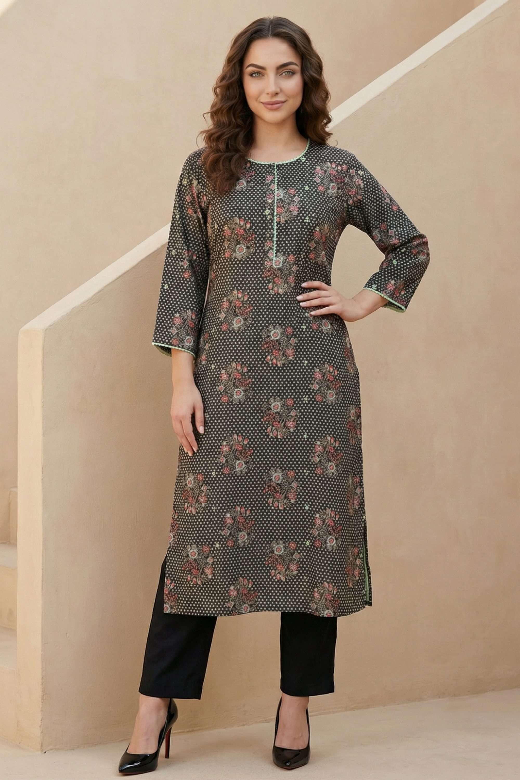 Printed-Blended-Fabric-Round-Neck-Women-s-Festive-Wear-Kurta