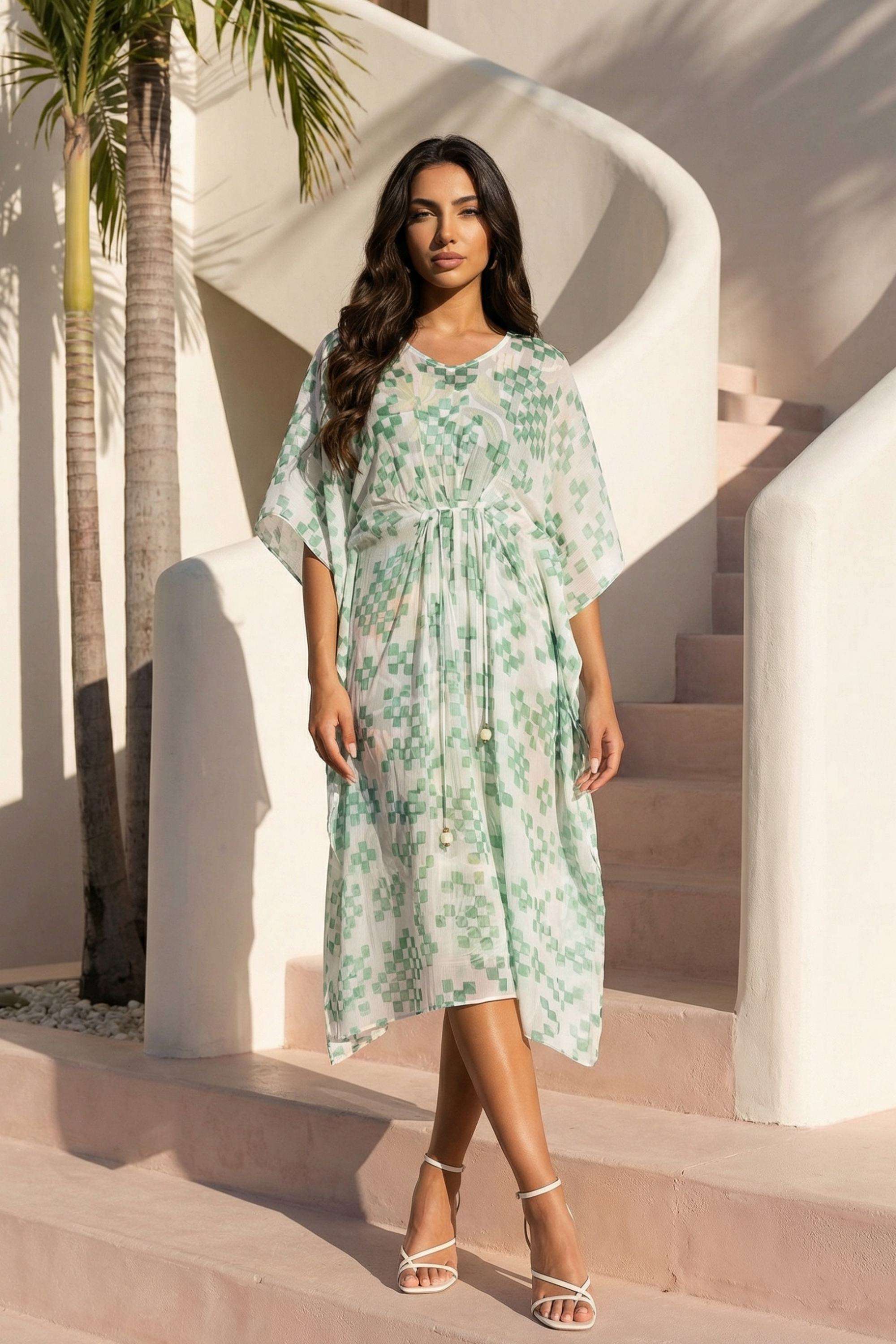 Geometric-Print-Blended-Fabric-Round-Neck-Women-s-Dress