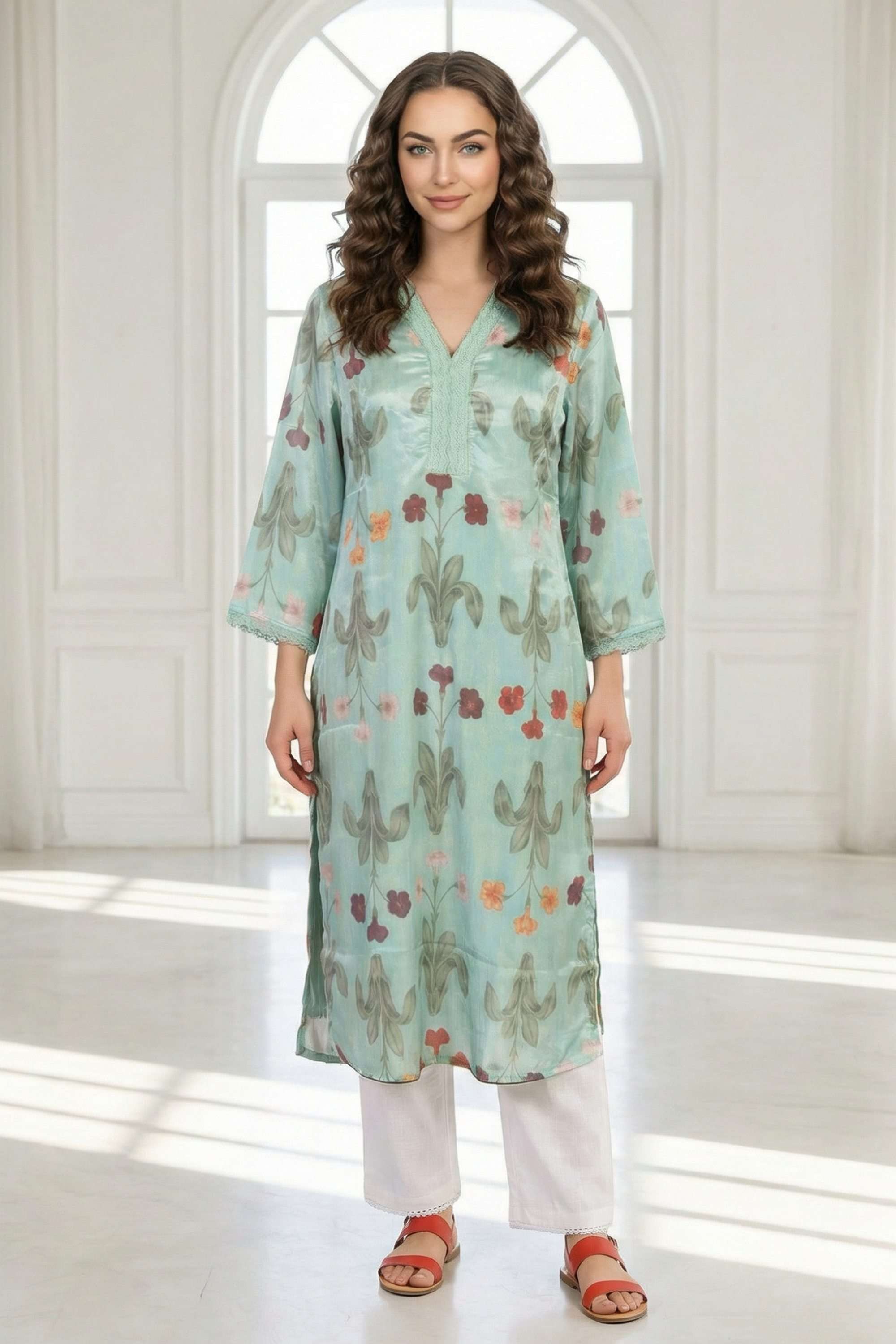 Printed-Blended-Fabric-V-Neck-Women-s-Festive-Wear-Kurta