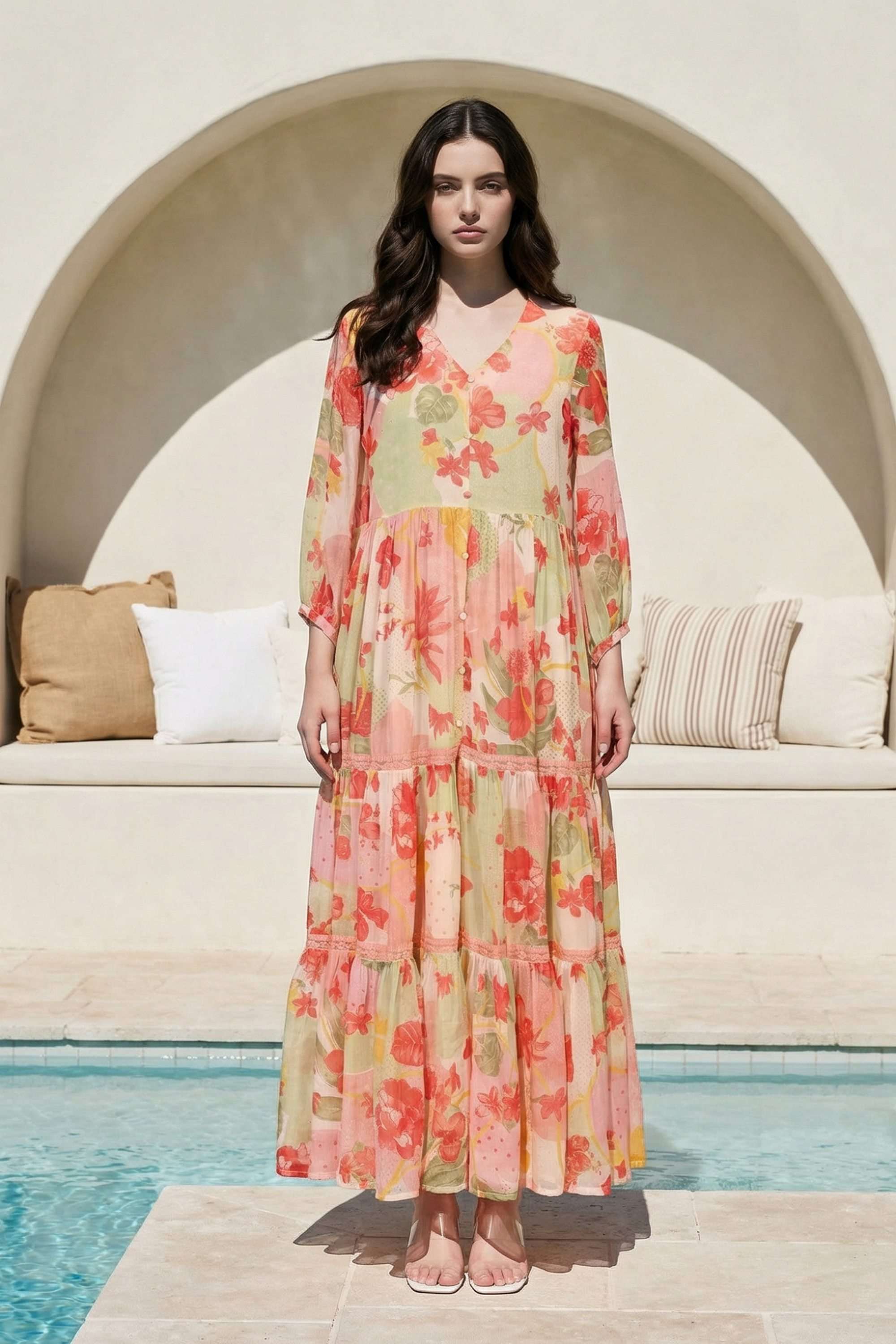 Printed-V-Neck-Blended-Fabric-Women-Dress